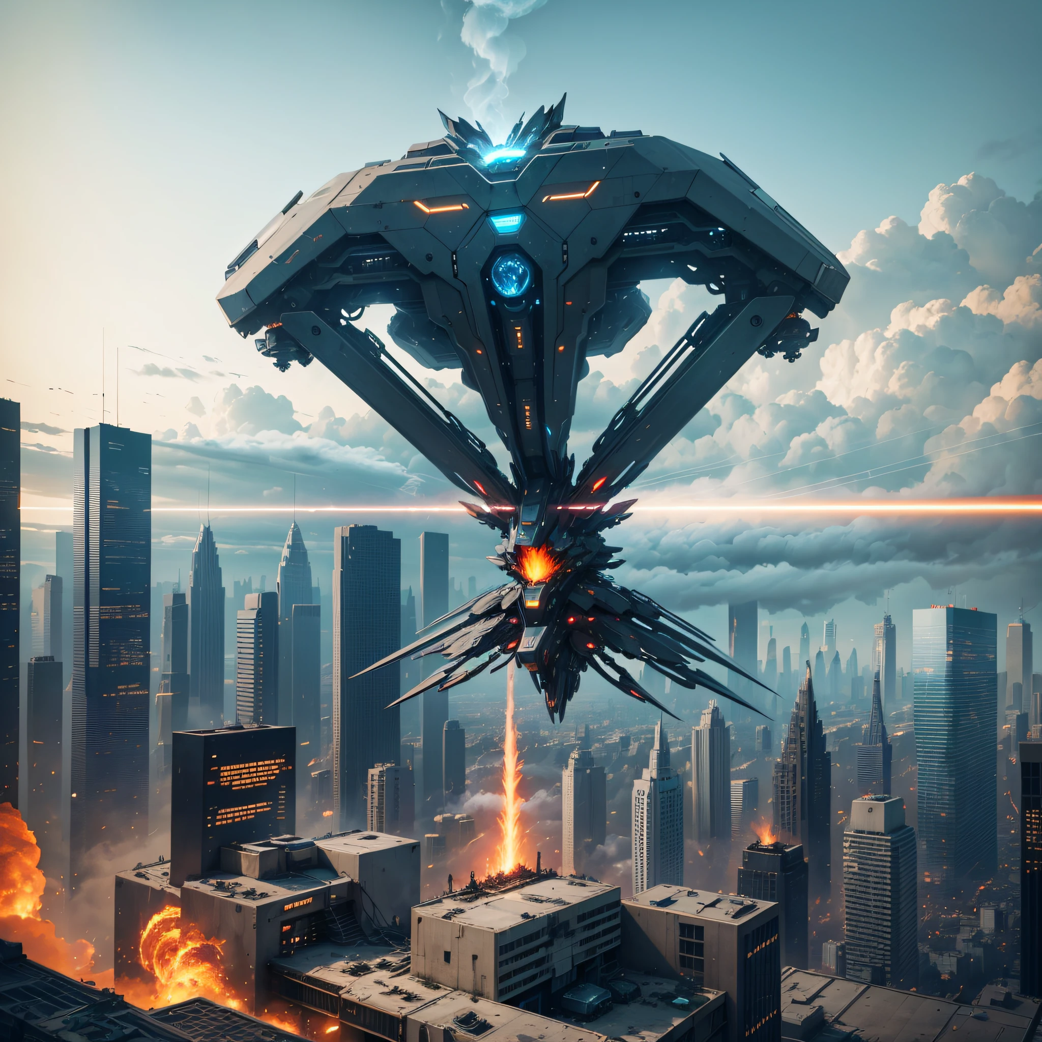 A dystopian world where a machine unfolds from the sky, shattering the crystal clear sky. The sleek mechanical creature breathes smoke and fire as it surveys the city beneath it. --auto --s2