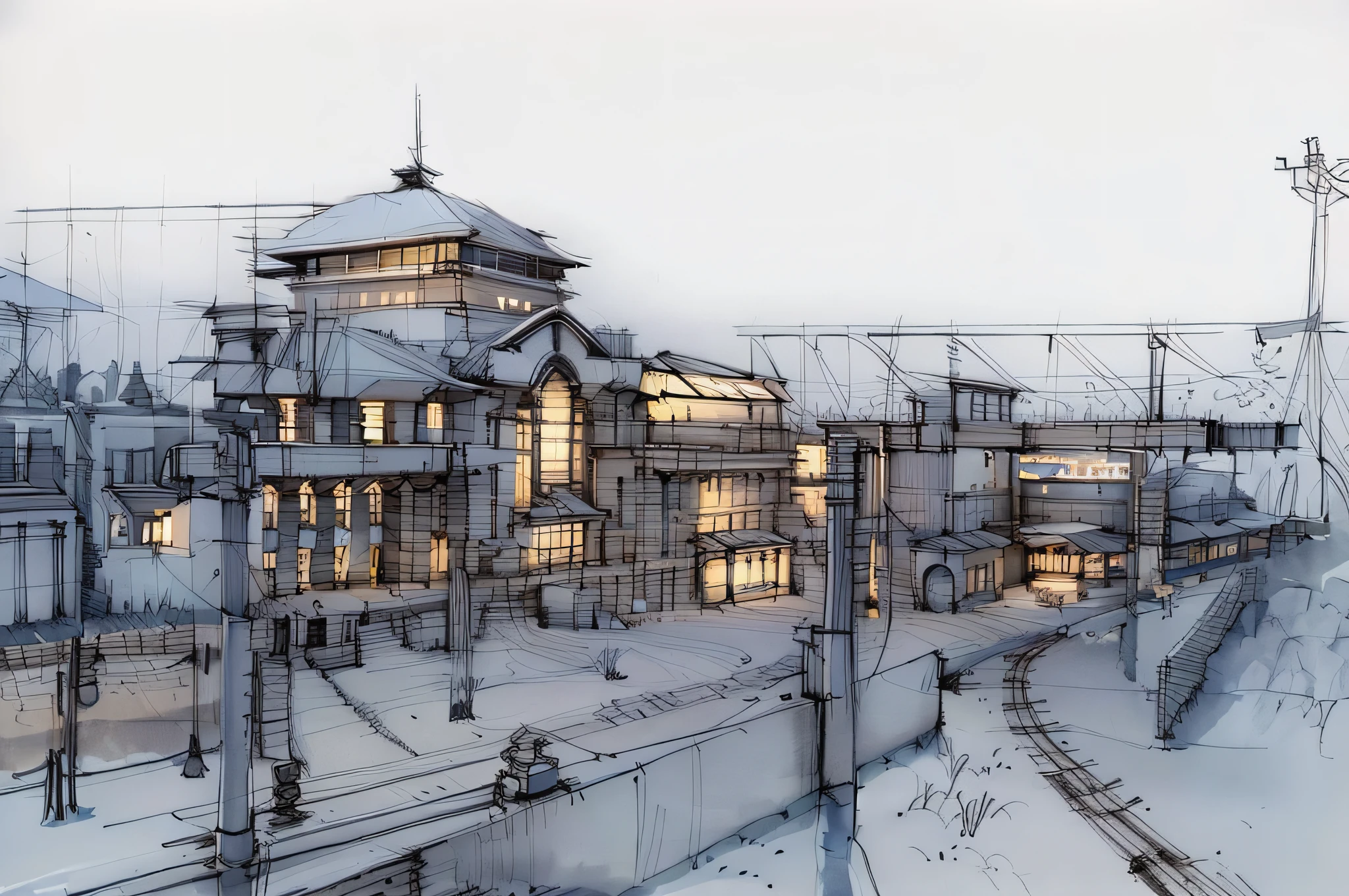 sketch, sketch, pen_sketch_style, tracks, lanterns The photo shows the station, building, beautiful high resolution, exterior of a huge beautiful station, transmission lines