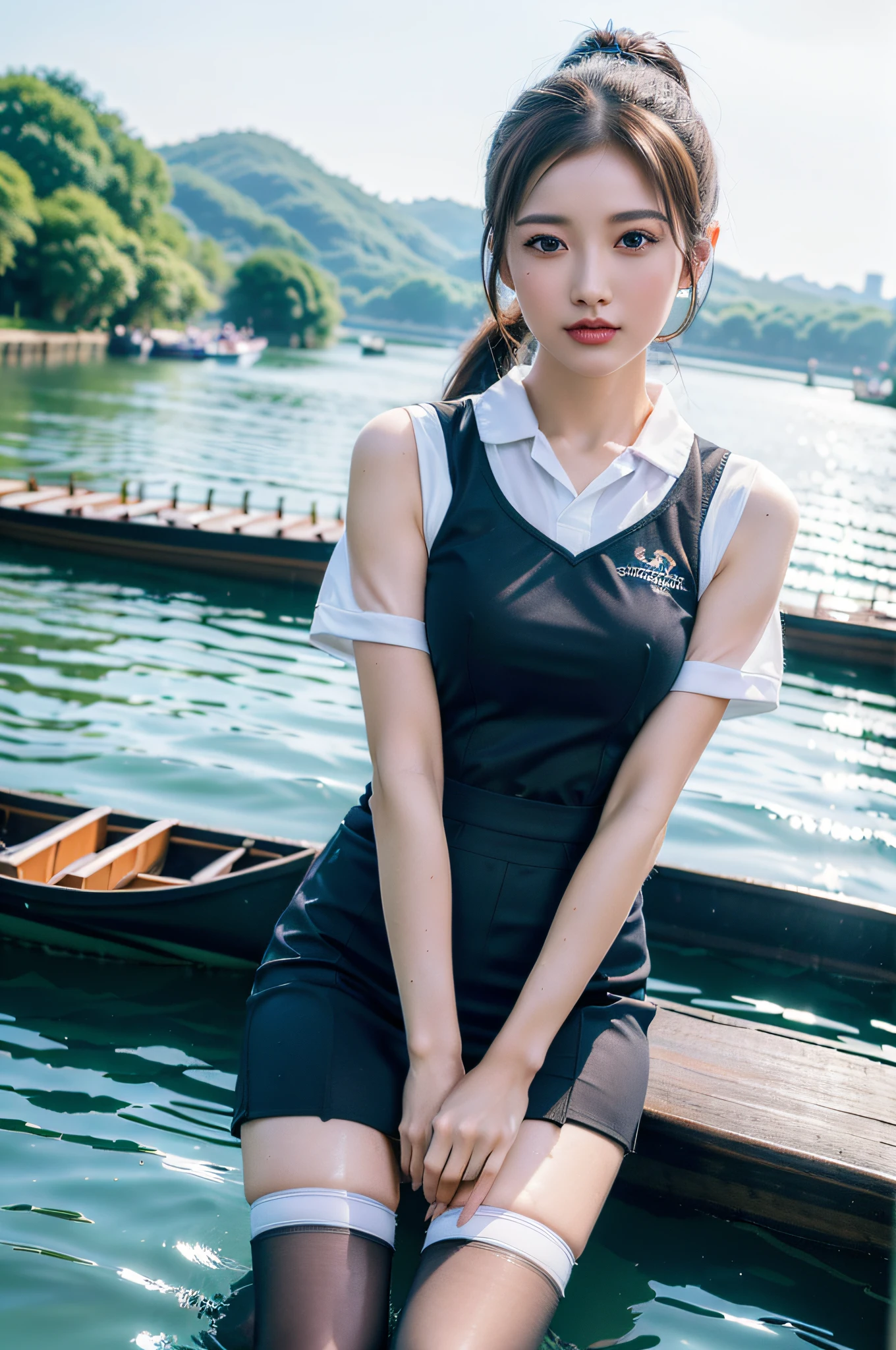 (Masterpiece), (Best Quality: 1.0), (Ultra High Resolution: 1.0), Delicate Eyes, 1 Girl, (Big), (Stockings), Ponytail, (Dragon Boat Festival), (Short Skirt), (Dragon Boating, Boating), Realistic, (Scruffy Uniform), (River, Water, Beautiful View)