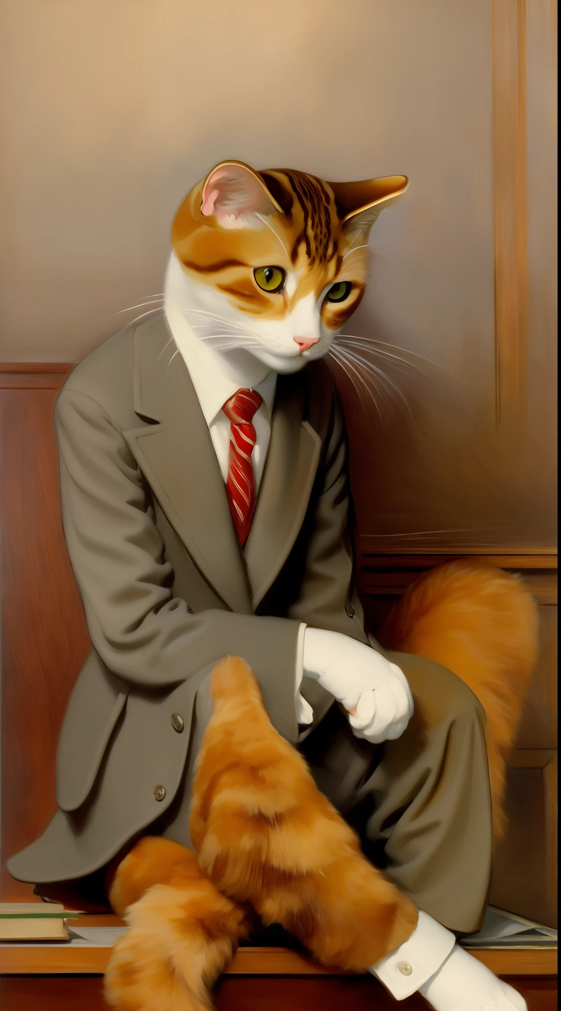 art by Henry Scott Tuke,sad and tired anthropomorphic cat in tight office attire, sitting, high resolution, masterpiece, HD,