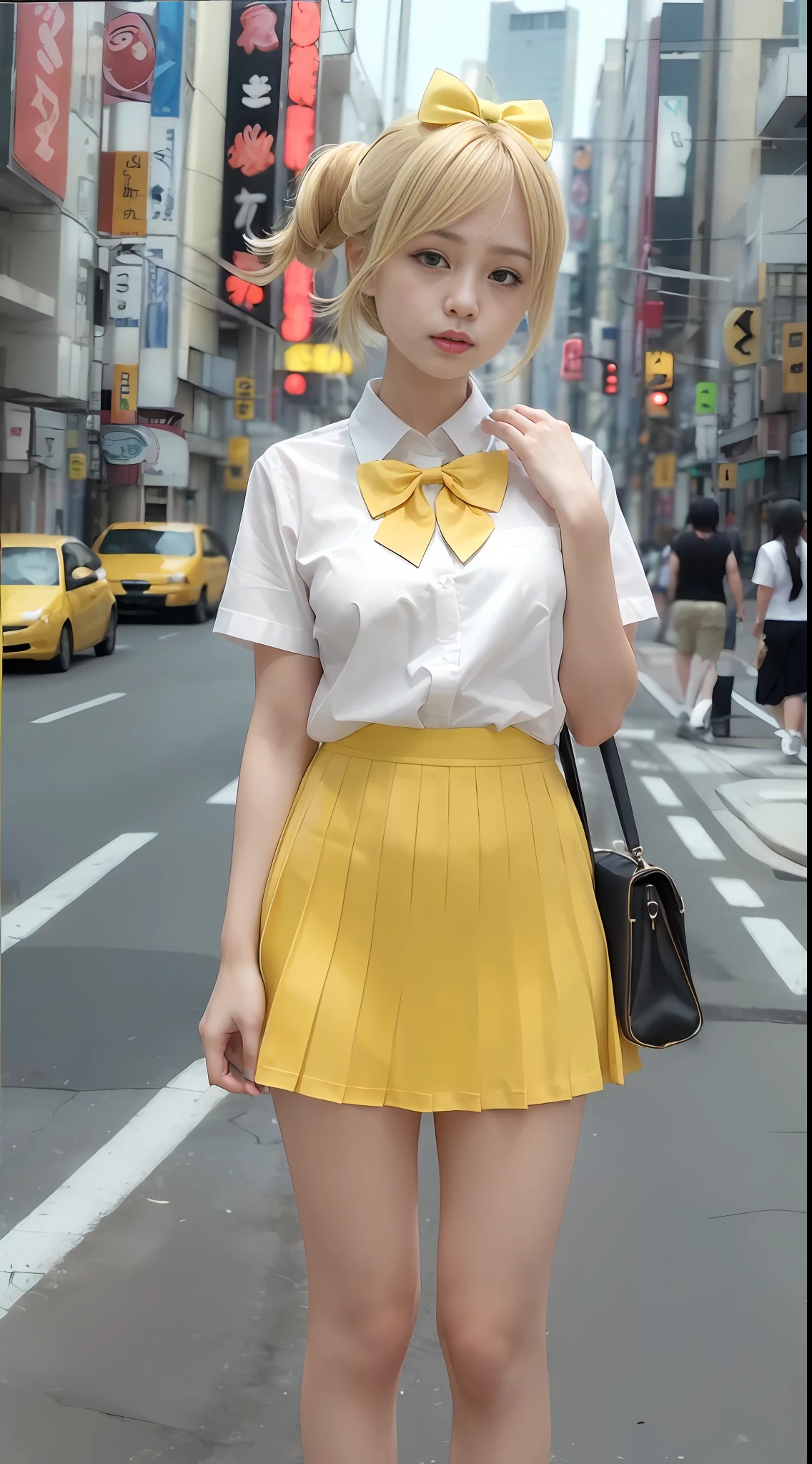 (8k, RAW photo, best quality, mastery:1.3),(realistic,photo-realistic:1.37),(looking viewer:1.331),(yellow hair),posing,Tokyo street,cyberpunk city,soft light,1girl,extremely beautiful face,hands down,casual hairstyle,casual expressions,Pretty faces,Hands down,casual hairstyle,casual expressions,Hands down,Random expressions,Hands down,Random expressions,Hands down,Random expressions,Hands down,Hands down,Random Hairstyles,Random Expressions, big eyes, lower abdomen, (short sleeves JK_shirt), JK_style, (yellow JK_skirt), (bow JK_tie), mix4, full body, full body photo