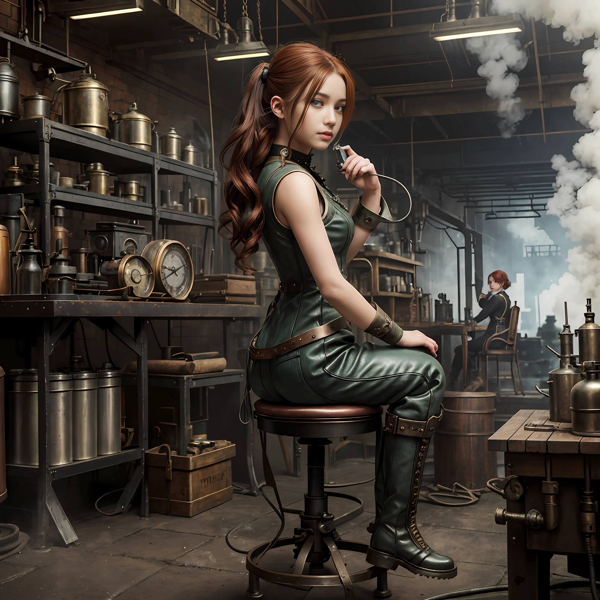 photorealistic, perfect anatomy, realistic character, hyper photorealism, very high contrast lighting, street photography, cinematic lighting, dramatic lighting, shot from the back, (((a girl on a chair is repairing a machine in the steamy smoky workshop))), (a 19 yo girl, (Ana de Armas:0.70), (redhead:1.1)), very cute, (perfect eyes:1.1), photorealistic wavy hair, a girl in a steampunk jumpsuit in light gray color, intercom headset, steampunk choker, long leather boots, perfect detailed face, detailed symmetric green eyes with circular iris, fixing a steam engine in the steampunk garage filled with steam and smoke, cogs and gears, steamy background with lots of steam pipes and steam valves and pressure gauges and gears, intricate background, very highly detailed costume, very highly detailed background, steampunk fantasy style, steampunk , steampunk aesthetic, steamy, smoky