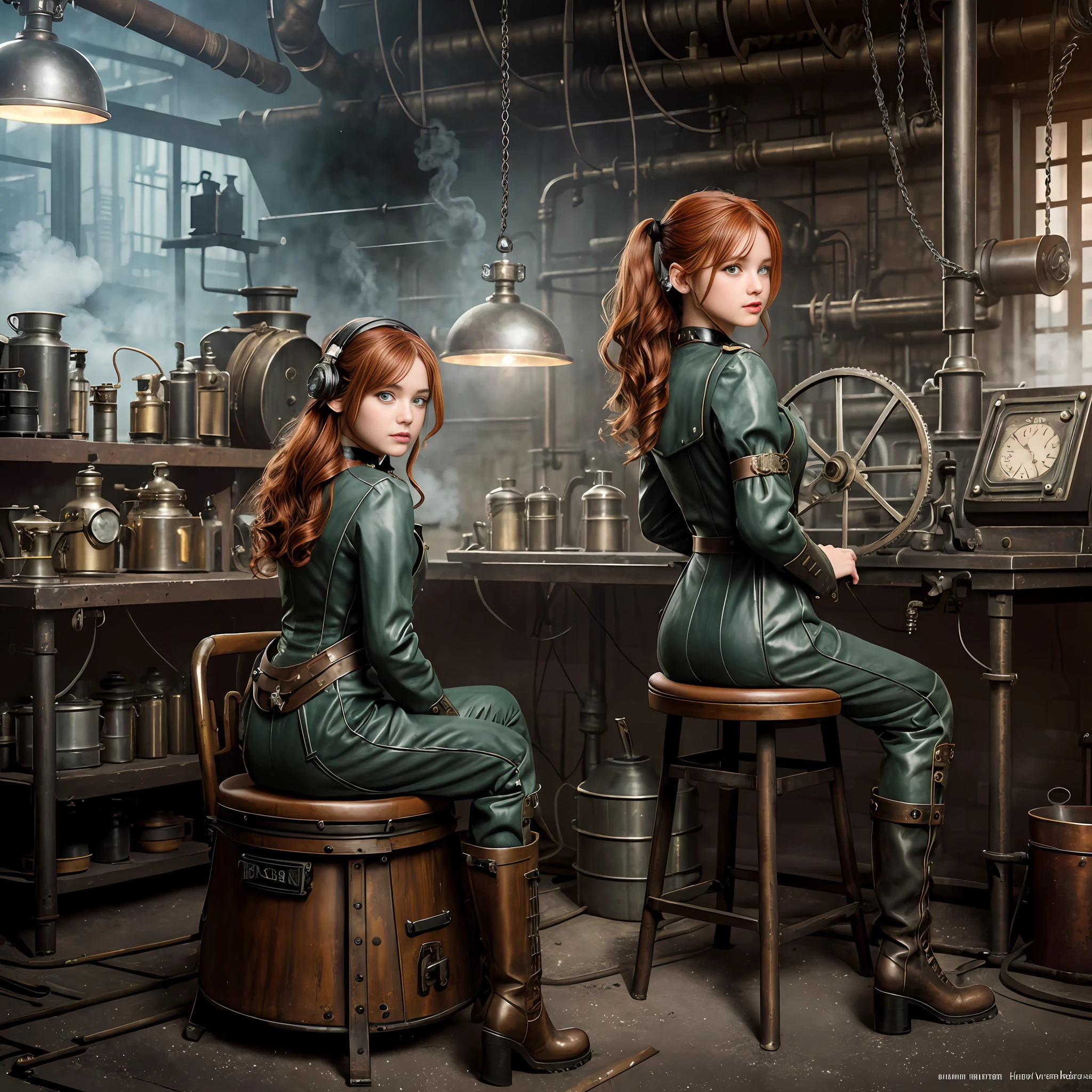 photorealistic, perfect anatomy, realistic character, hyper photorealism, very high contrast lighting, street photography, cinematic lighting, dramatic lighting, shot from the back, (((a girl on a chair is repairing a machine in the steamy smoky workshop))), (a 19 yo girl, (Ana de Armas:0.70), (redhead:1.1)), very cute, (perfect eyes:1.1), photorealistic wavy hair, a girl in a steampunk jumpsuit in light gray color, intercom headset, steampunk choker, long leather boots, perfect detailed face, detailed symmetric green eyes with circular iris, fixing a steam engine in the steampunk garage filled with steam and smoke, cogs and gears, steamy background with lots of steam pipes and steam valves and pressure gauges and gears, intricate background, very highly detailed costume, very highly detailed background, steampunk fantasy style, steampunk , steampunk aesthetic, steamy, smoky