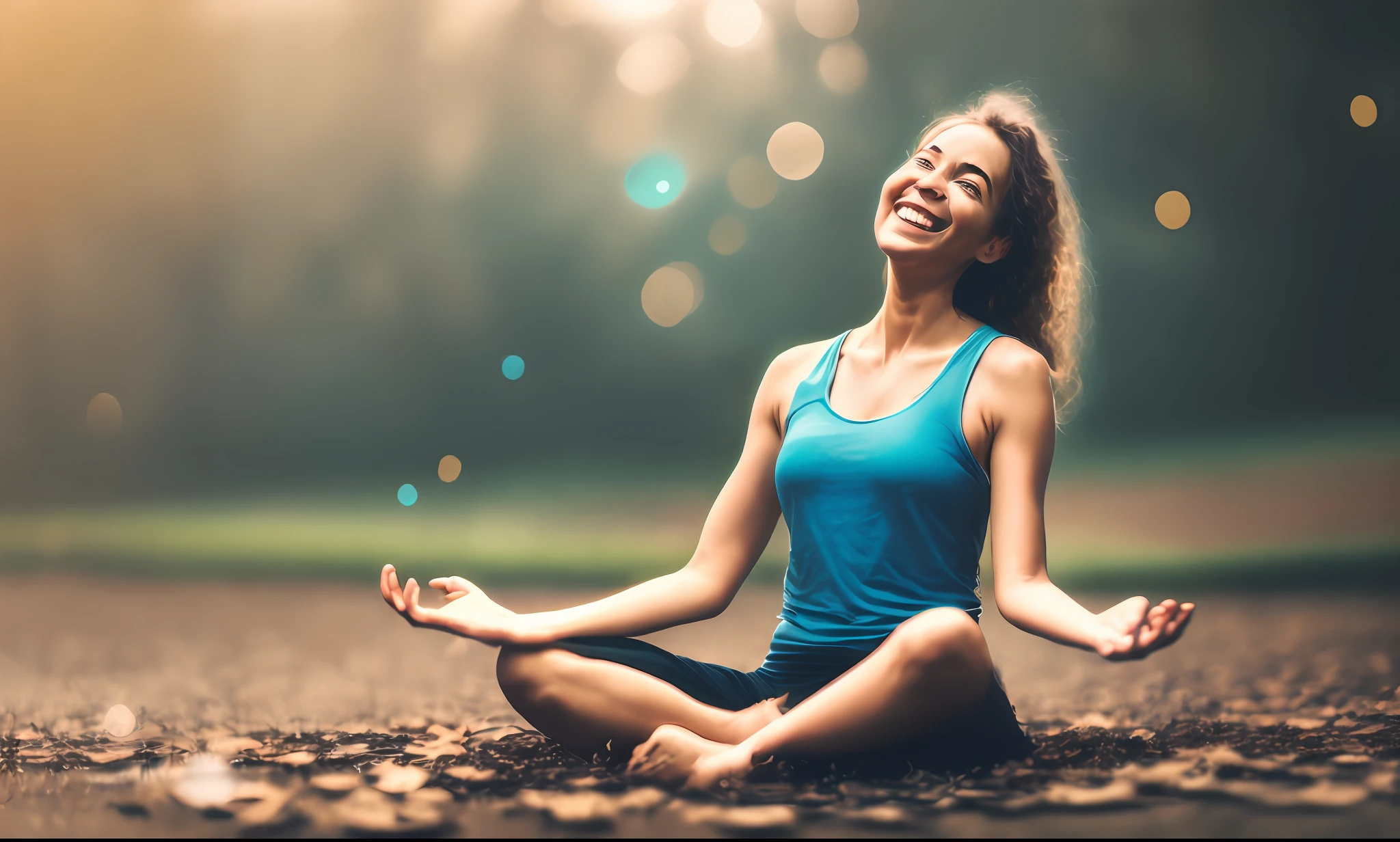 a woman in lotus pose floating above the ground, smiling slightly, blissful, bokeh
