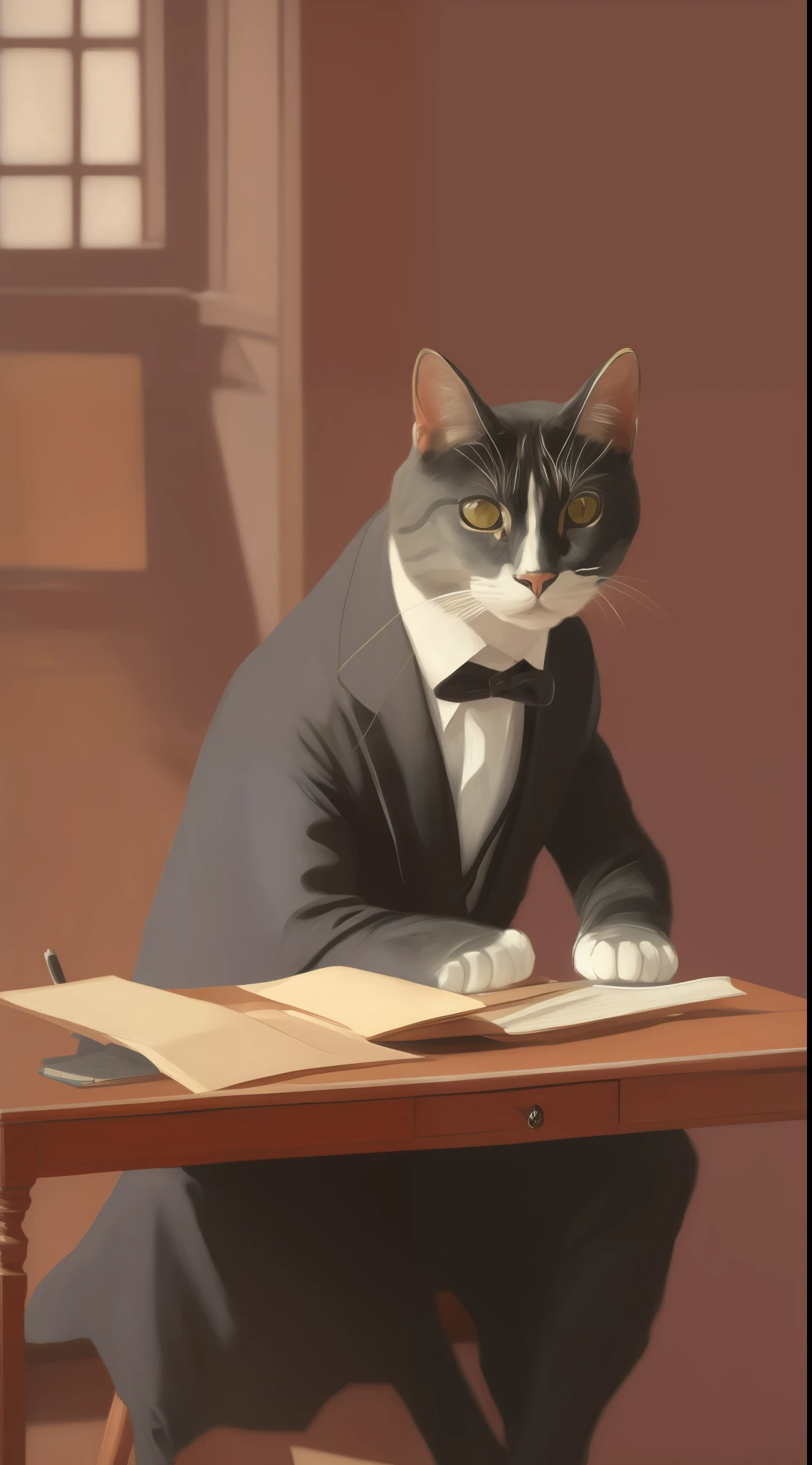 art by Henry Scott Tuke,sad and tired anthropomorphic cat in tight office attire, sitting, high resolution, masterpiece, HD,