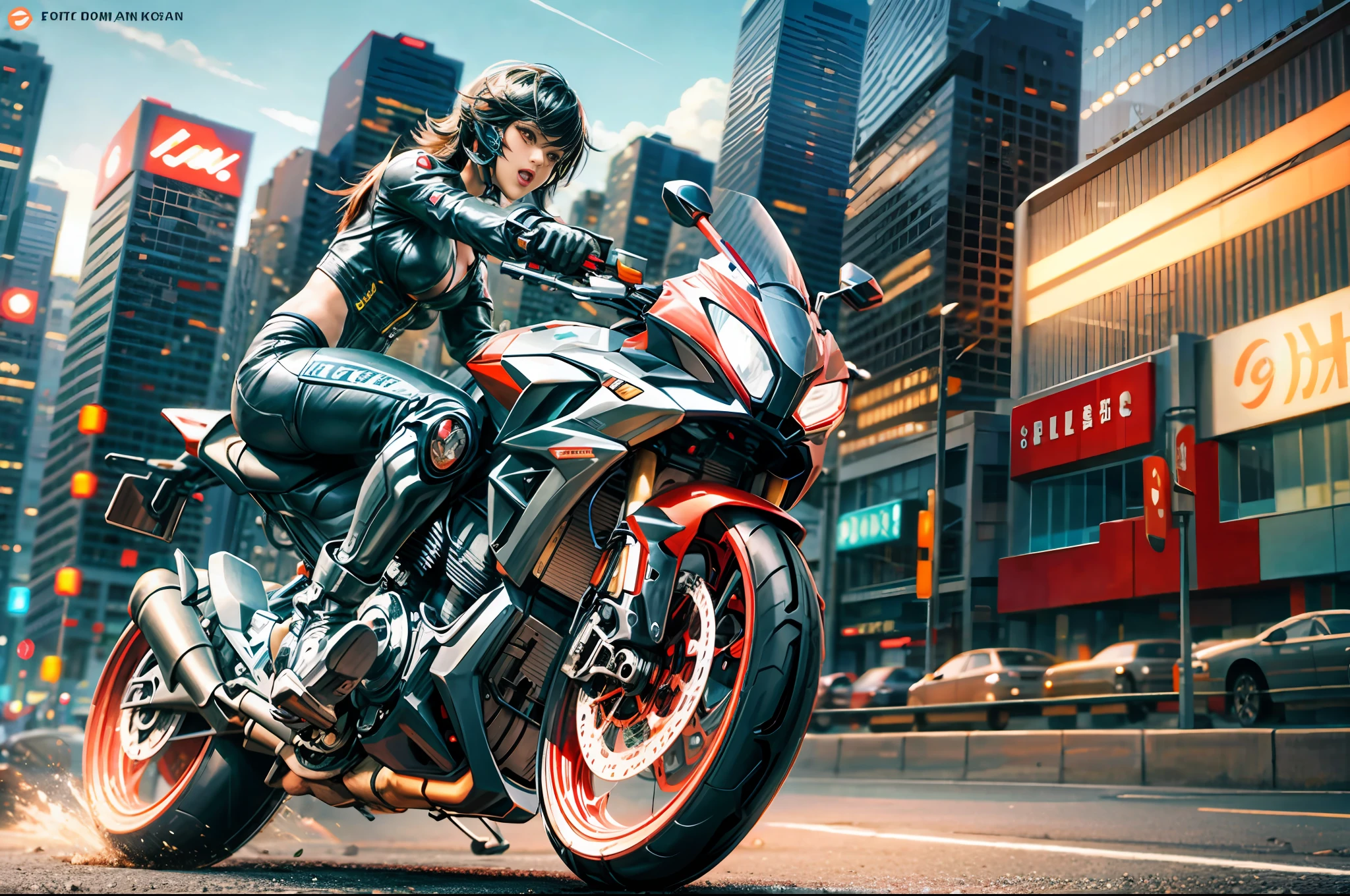 Sexy cyborg riding motorcycle, futuristic city, cyberpunk, depth of field, motion blur, panning shot,