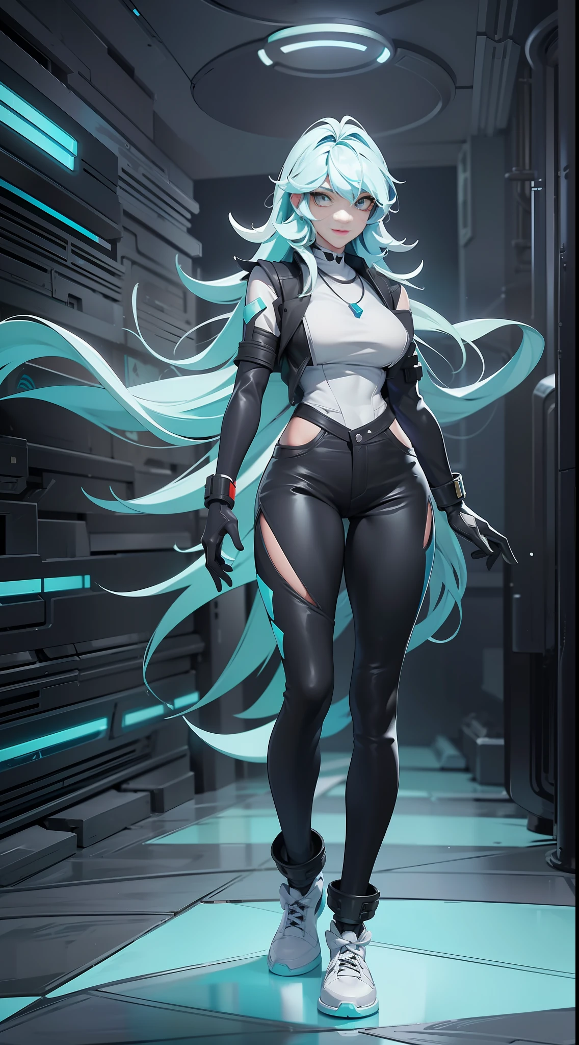 full body picture Unreal Engine 5 8K UHD of a beautiful adult girl, long cyan hair, wearing futuristic black tight battle suit, futuristic half face mask, cyan light details, happy and lovely face, hugging a handsome men, wearing white shirt with vest, jeans pants, black shoes, necklace, white hair, best quality, masterpiece