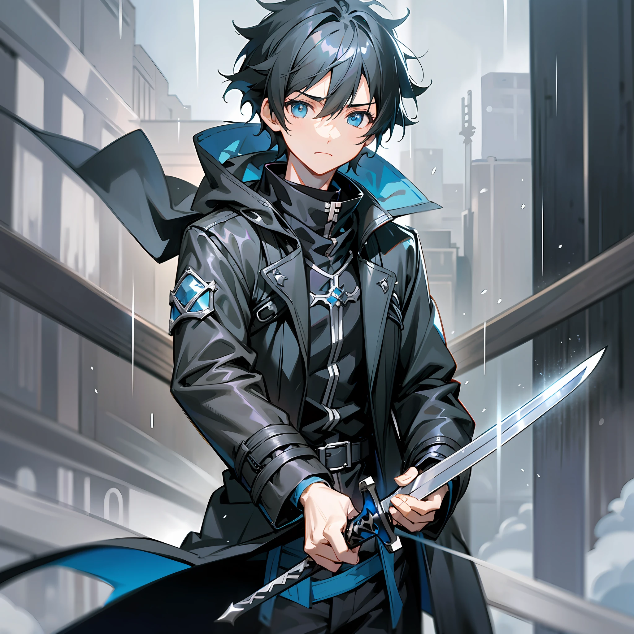 Kirito,1boy,solo,holding black and blue swords,dual weilding,black trenchcoat,black short messy hair,sword art online, raining, highest quality digital art, Stunning art, wallpaper 4k, absolutely stunning art,close up shot