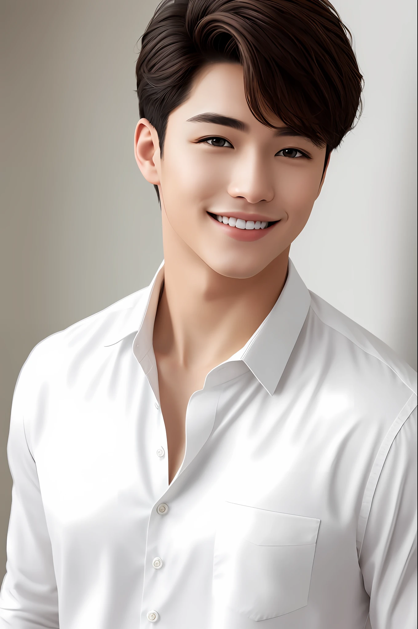 oppav3, (masterpiece, super quality, high resolution, 8k, complex: 1.2), (detailed face: 1.2), (wearing a white shirt: 1.5), handsome, detailed skin, pores, absurdity, lump, 1 boy, male focus, (realistic)), good lighting quality, delicate body, hallyu idol, ((pale skin)), bend, balanced eyes, brown eyes, smile, white teeth, smooth hair
