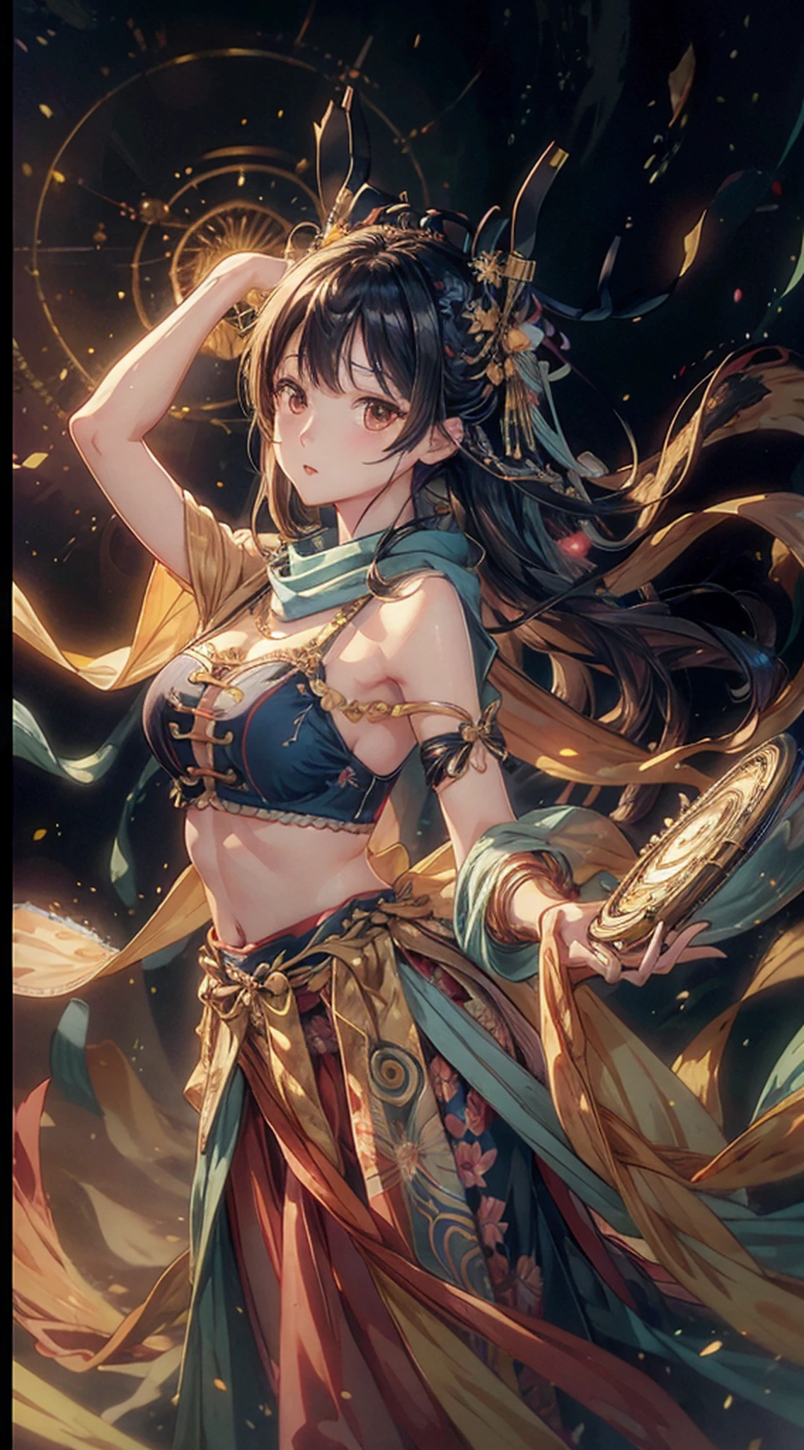 (RAW Photo, Best Quality), (Realistic, Photo Realistic: 1.3), Best Quality, Highly Detailed, Masterpiece, Ultra Detailed, Illustration, 1 Girl, upper_body, Dynamic Angle, World Mastery Theater, messy_long_hair, Best Quality, Extremely Detailed CG Unified 8k Wallpaper, Ink, Amazing, Movie Lights, lens_flare, dunhuang_style, Detailed Face, Beautiful Rendering of Tang Dynasty, (deliberate expression: 1.5), standing in a flower field, (looking up at the starry sky: 1.2), fireflies, floating scarves, Sony master shots, a woman posing for a picture in front of a tv, inspired by Fei Danxu, aesthetic!!!!!! female genie, brown hair and bangs, high definition screenshot, nicovideo, normal hands, vivic colors, full face shot of rimuru tempest, nice studio lighting, vhs screencap, beautiful fine - face, nami, ar