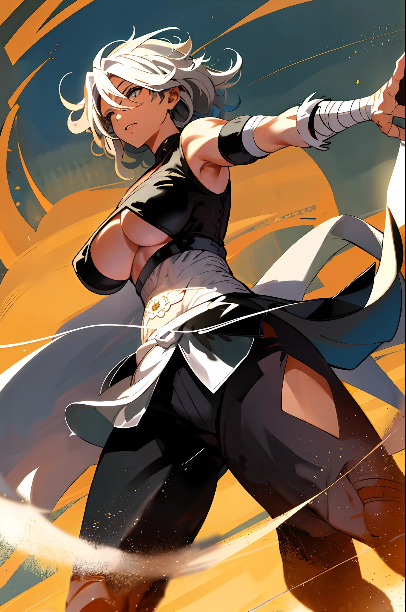 Daidouji, long yellow blonde hair, muscular, messy hair, mole under left eye, red eyes, standing up,
Dattire, sombrero, white breast sarashi, sarashi, underboob, arm bandages, black trousers, geta
(insanely detailed, beautiful detailed face, masterpiece, best quality) volumetric lighting, tone mapping, (looking disgusted)