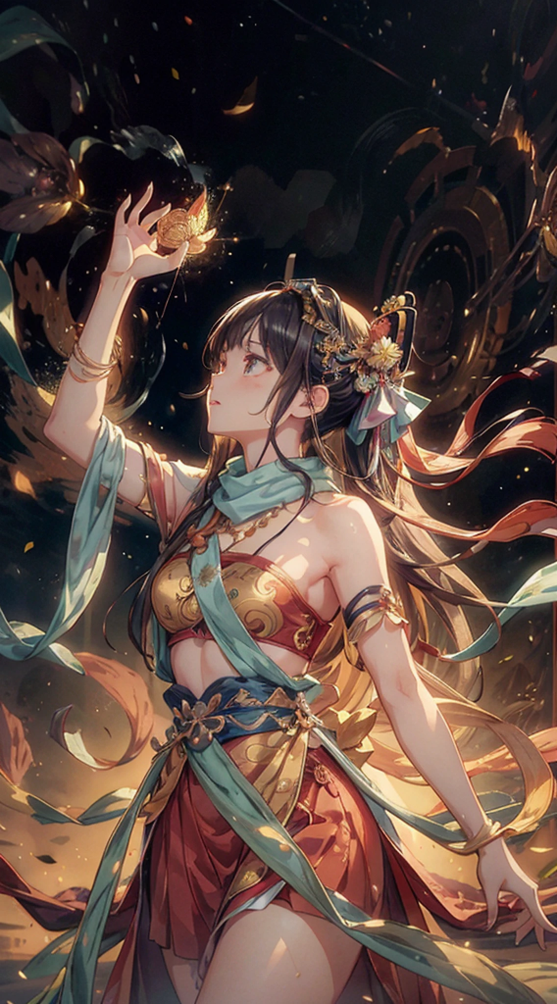 (RAW Photo, Best Quality), (Realistic, Photo Realistic: 1.3), Best Quality, Highly Detailed, Masterpiece, Ultra Detailed, Illustration, 1 Girl, upper_body, Dynamic Angle, World Mastery Theater, messy_long_hair, Best Quality, Extremely Detailed CG Unified 8k Wallpaper, Ink, Amazing, Movie Lights, lens_flare, dunhuang_style, Detailed Face, Beautiful Rendering of Tang Dynasty, (deliberate expression: 1.5), standing in a flower field, (looking up at the starry sky: 1.2), fireflies, floating scarves, Sony master shots, a woman posing for a picture in front of a tv, inspired by Fei Danxu, aesthetic!!!!!! female genie, brown hair and bangs, high definition screenshot, nicovideo, normal hands, vivic colors, full face shot of rimuru tempest, nice studio lighting, vhs screencap, beautiful fine - face, nami, ar