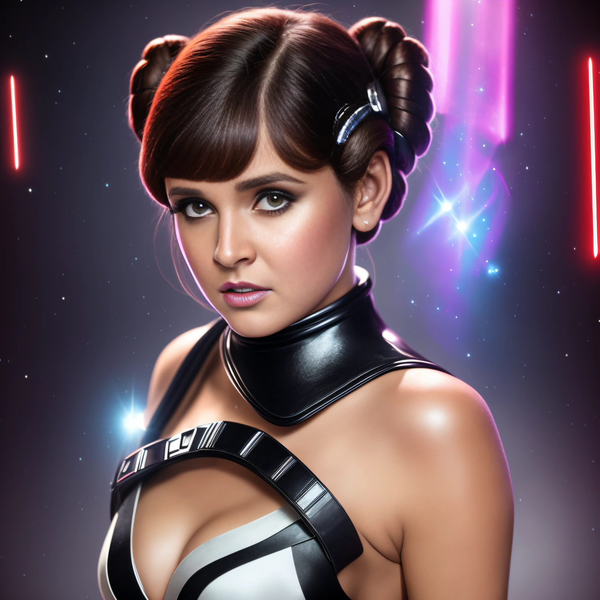 Pro ultra-real Photo cosplay Princess Leia face mouth teeth open short hairstyle symmetrical muscular body realistic suave seductive pose dramatic Bridaldress gothic lava black spinel ruby silk satin felt leather thick high fashion revealing underwear black short hair shaved Indigo Tourmaline Ultra High Image Quality Texture 16K DSLR UHD HDR Retina "star wars" "Unreal Engine 5"