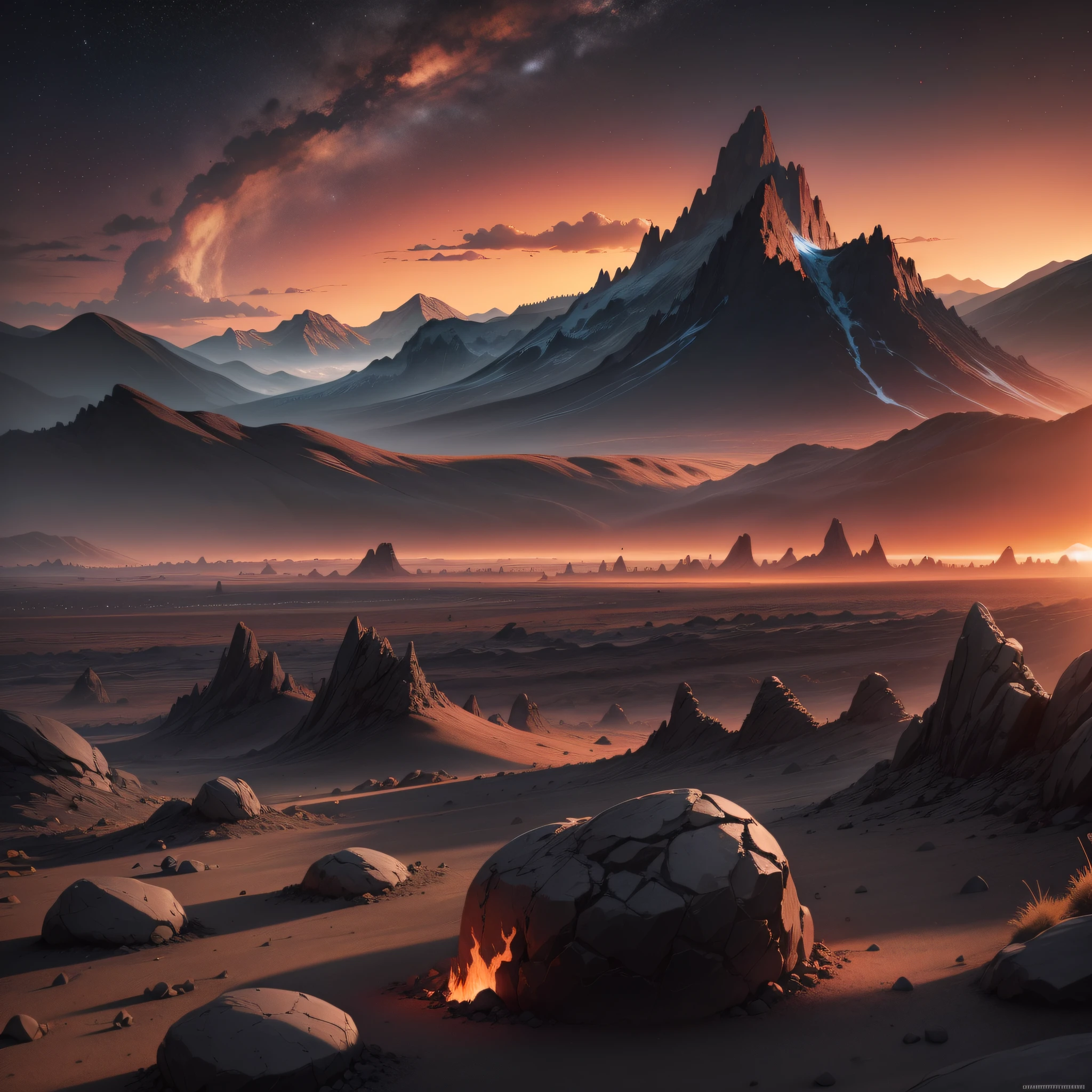 here is a lifeless black scorched earth with stones to the horizon and mountains in the distance (masterpiece), (best quality), CG 8k wallpaper, evening landscape, black, gray, red tones