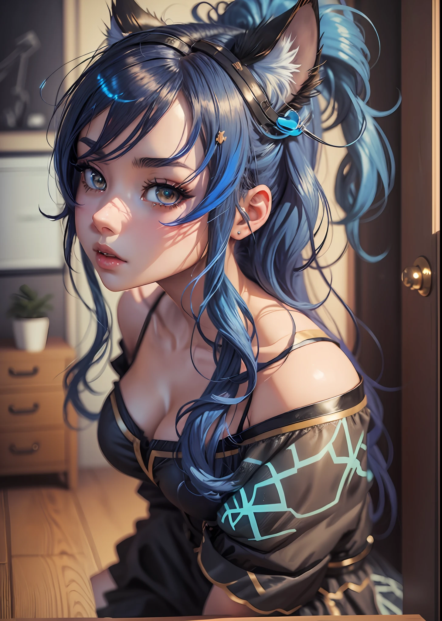 Anime girl with blue hair and black stockings posing in a room, seductive anime girl, beautiful seductive anime woman, extremely detailed artgerm, beautiful anime girl, attractive anime girl, anime style 4k, beautiful anime woman, 4k manga wallpaper, 4k anime wallpaper, anime girl, anime girl, anime wallpaper 4k, anime wallpaper 4k, cat ears, fake animal ears, glowing light, 4K, anatomically correct, super detail, best quality,  Masterpiece