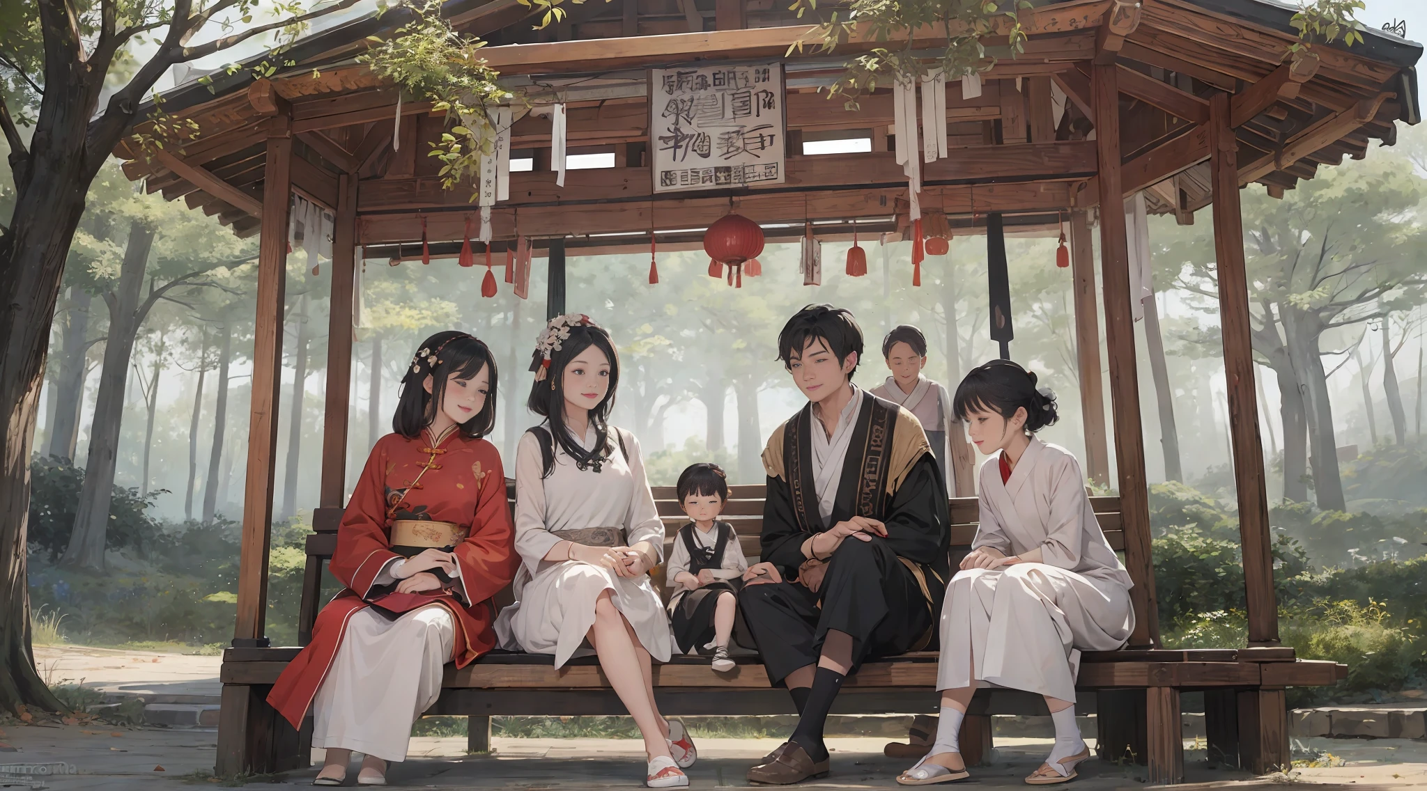 {{masterpiece, best quality, extremely detailed CG, unity 8k wallpaper, cinematic lighting}}, traditional Chinese ink painting,
traditional Chinese ink painting, 2 girls, 1boy, 2 women and a 1 boy sitting on a bench, aunt mother and son, with child, innocent boy, smiling mother and aunt, happy family,