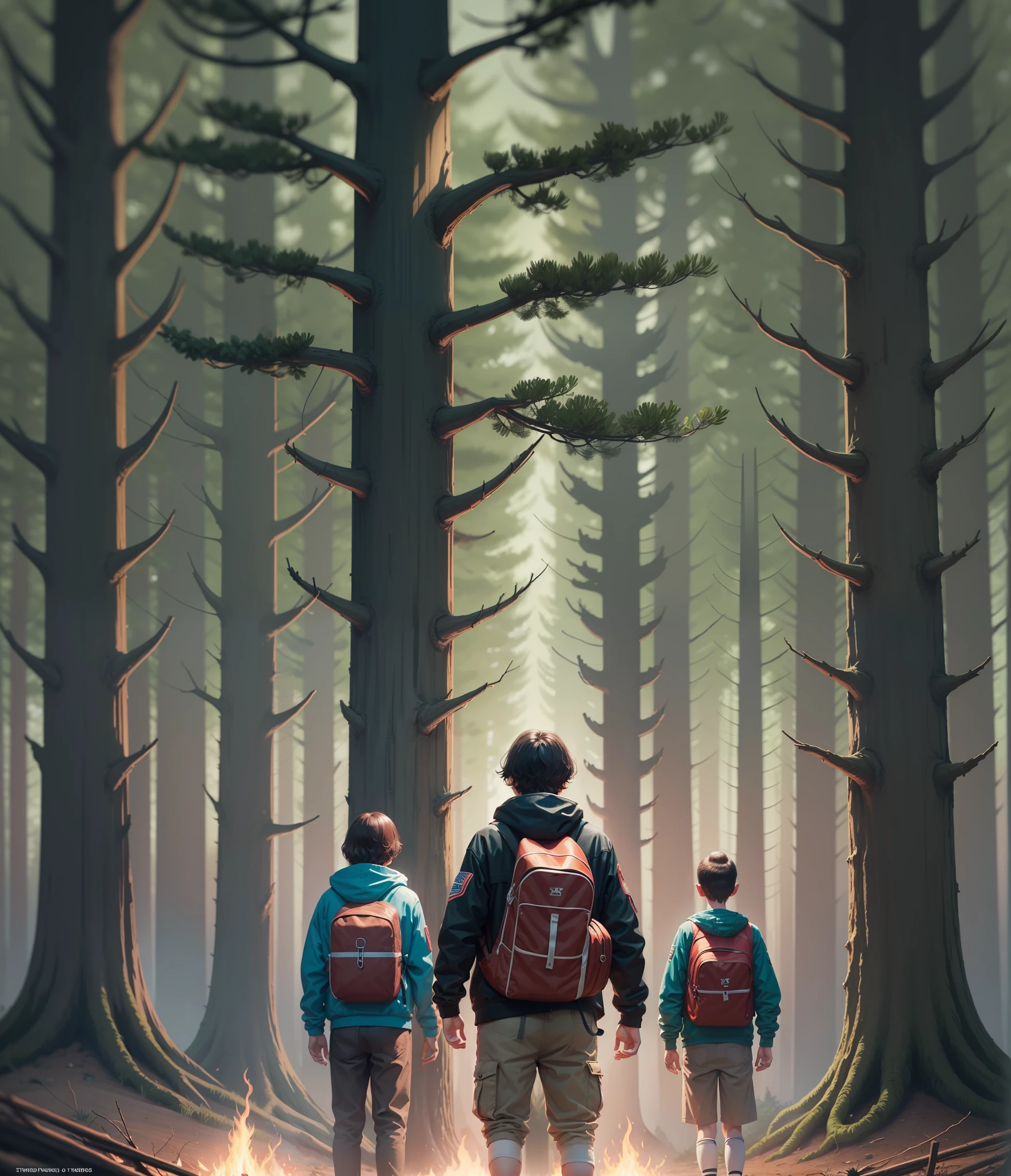 3 teenagers (boys), 1 black, 1 white, and a fat, and a girl, all scared looking ahead, in a forest, with a campfire in the center, inspired by poster of Stranger Things, 80's, art inspired by the posters of Stranger Things, Stephen King