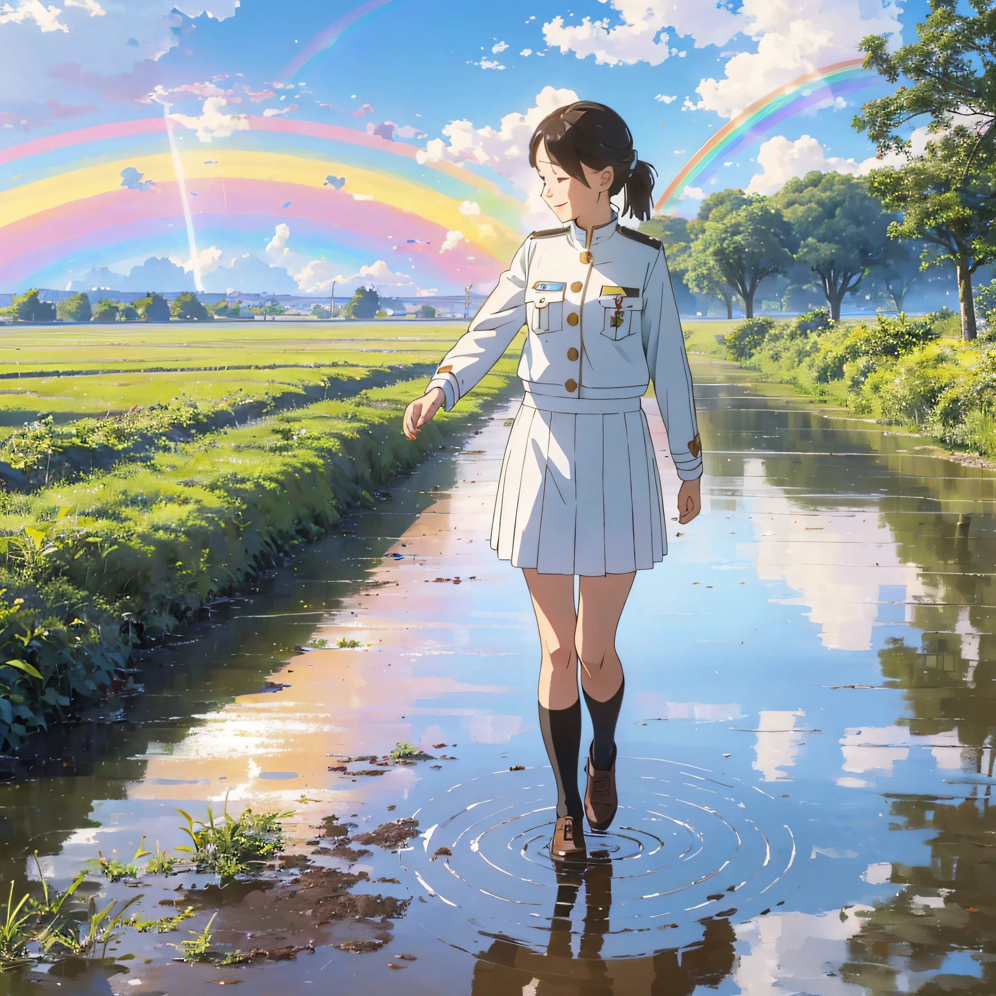 Positive feeling Girl Afternoon Good day After rain Walking a little in a puddle Sun Sunny Rainbow sky Looking up White uniform Countryside looking happy Distant view --auto --s2