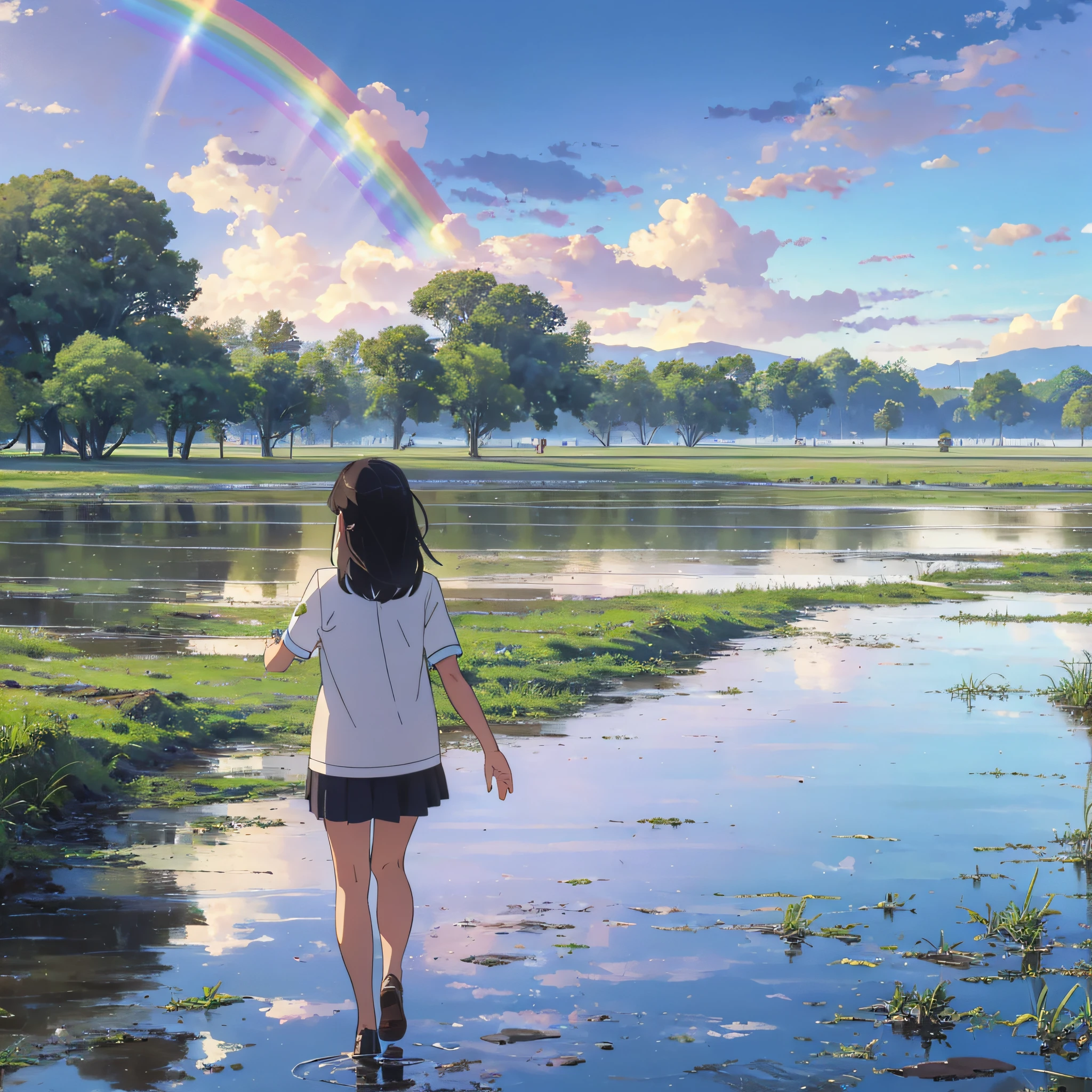 Positive feeling girl afternoon good day walking after rain sun sunny one rainbow sky looking up white uniform countryside happy distant view puddle --auto --s2