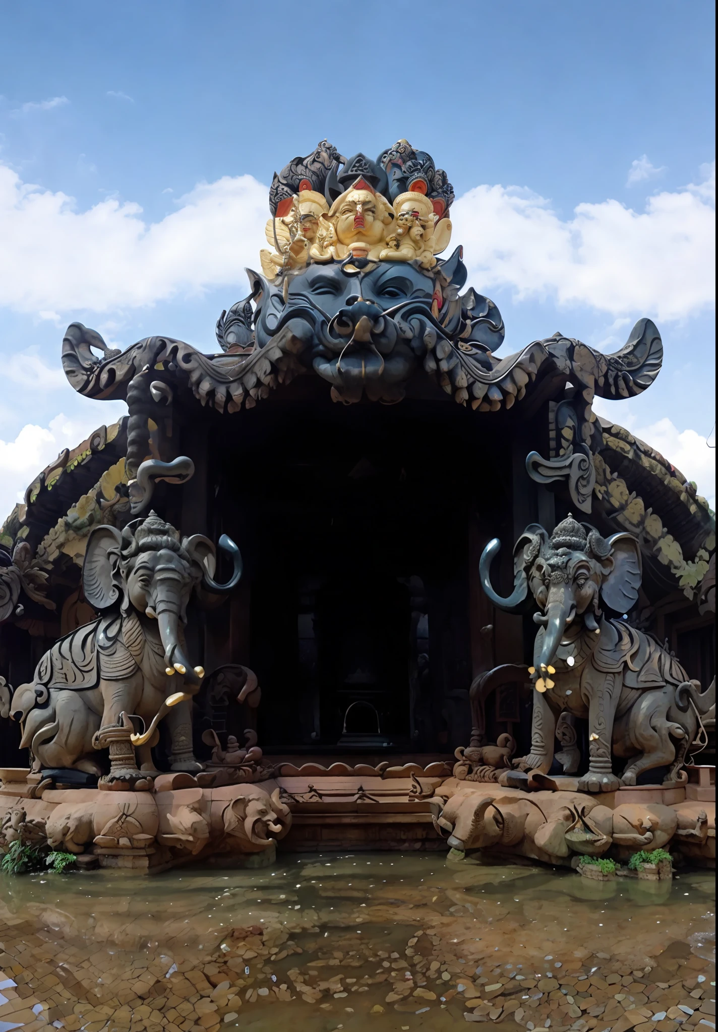 there is a statue of an elephant with two elephants on it, asuras giant yaksha statues, in front of a temple, in front of the temple, huge statues, buddhist architecture, temple background, large temples, nagas, menacing!, menacing, mantis head god temple, menacing!!!, very symmetrical, temple, very ornate, dmt temple