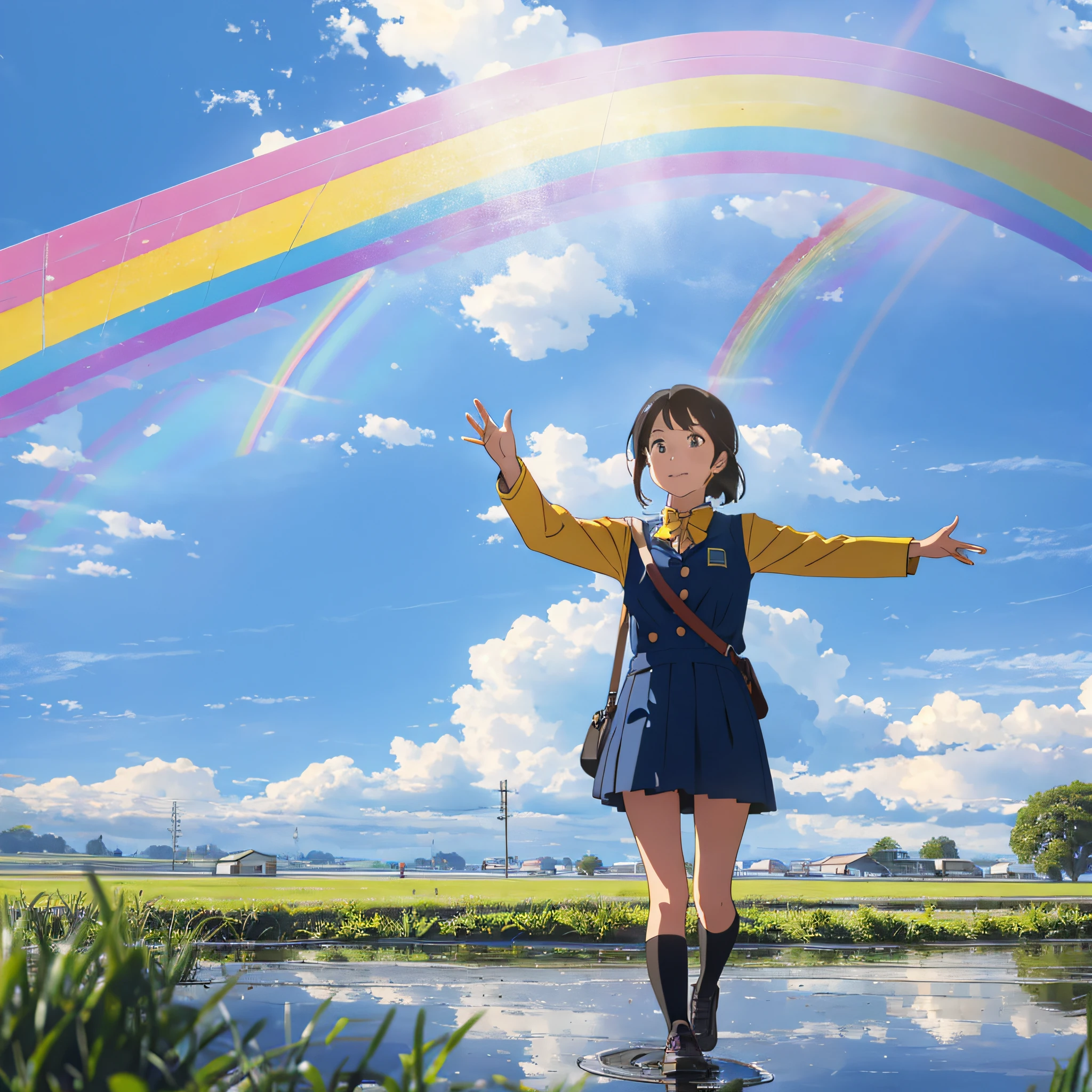Positive feeling girl afternoon good day walking after rain sun sunny rainbow sky looking up white uniform countryside happy distant view puddle --auto --s2