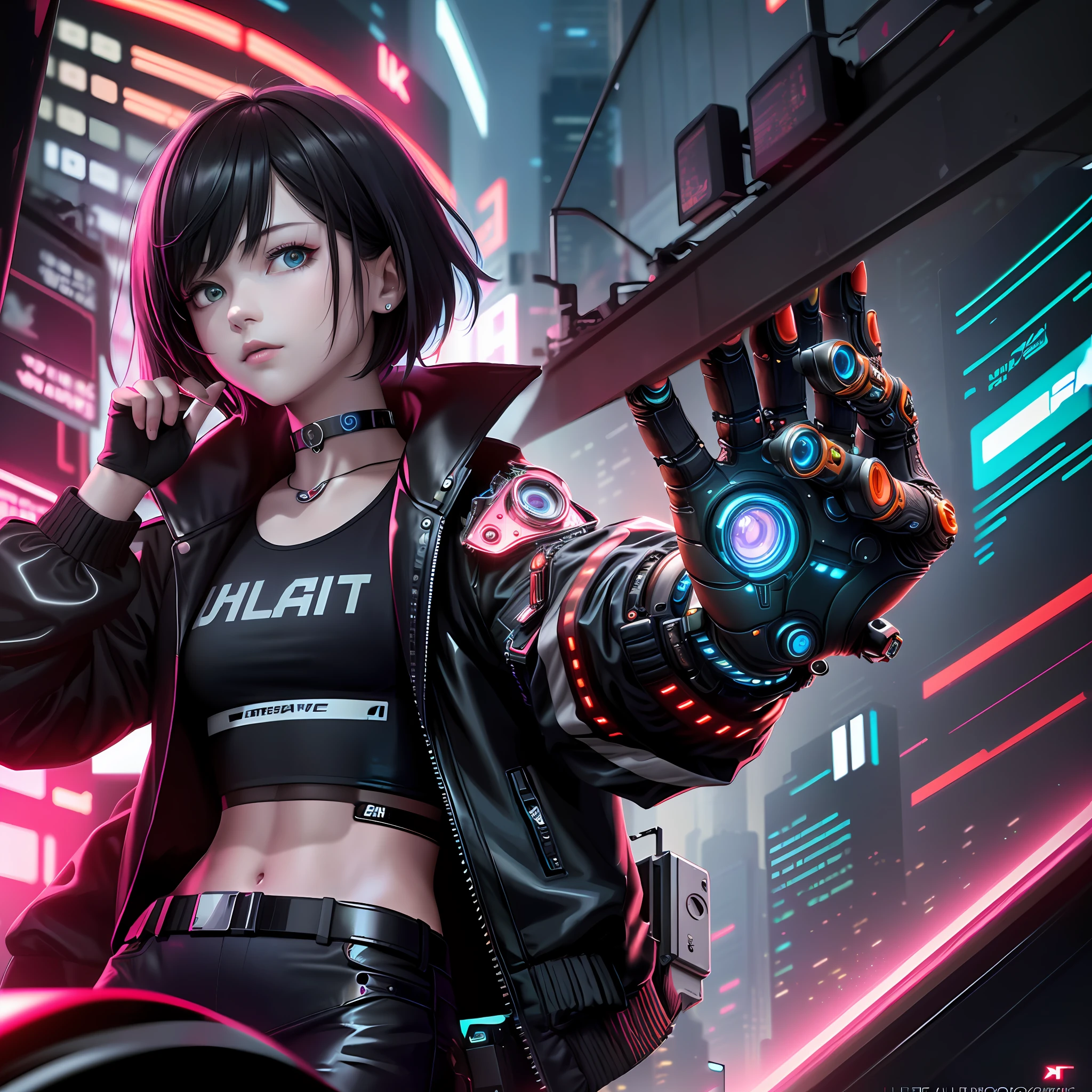 (ultra-detailed CG artwork, best quality,masterpiece),(beautiful hands),cyberpunk cyborg arm reaching out towards the viewer, cyberpunk,cyberpunk digital art,