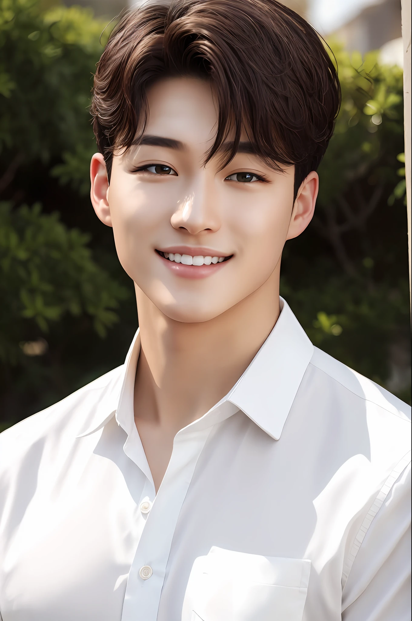 oppav3, (masterpiece, super quality, high resolution, 8k, complex: 1.2), (detailed face: 1.2), (wearing a white shirt: 1.5), handsome, detailed skin, pores, absurdity, lump, 1 boy, male focus, (realistic)), good lighting quality, delicate body, hallyu idol, ((pale skin)), bend, balanced eyes, brown eyes, smile, white teeth, smooth hair