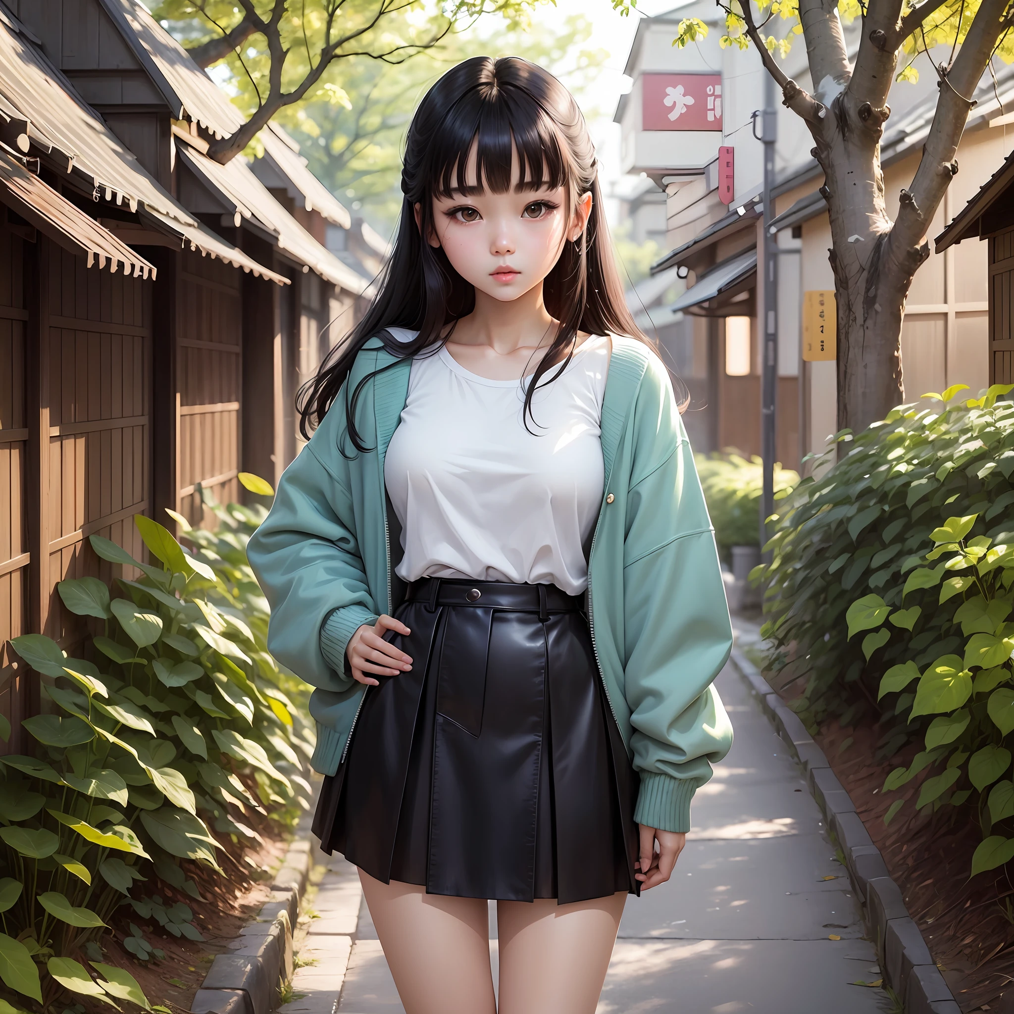 Miniskirt, beautiful delicate face, she has black hair with bangs, Japan person, round cheeks, young cute, very beautiful face,  --auto --s2