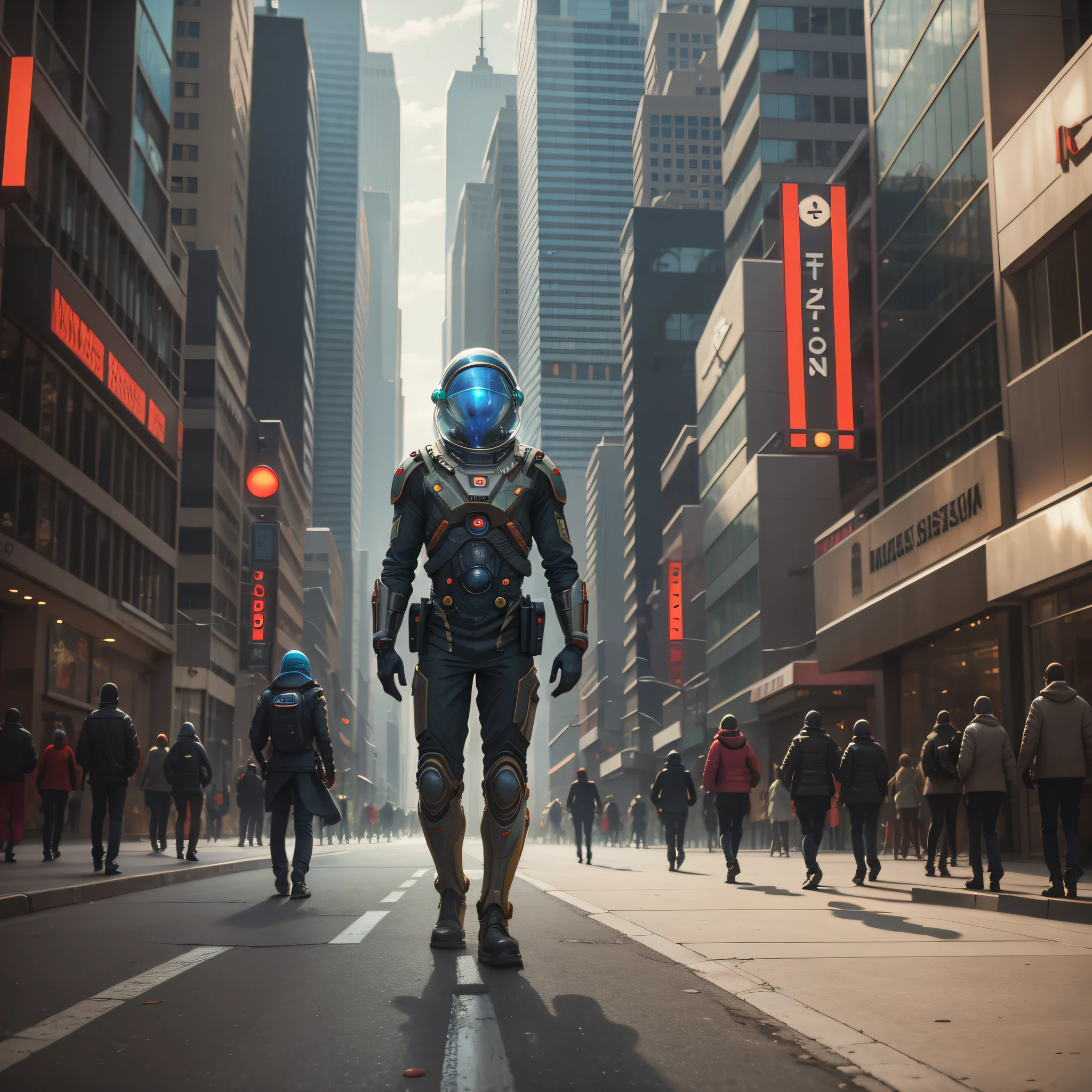 A photography of a martian taking a stroll down a crowded, futuristic city street while passersby stare in awe.