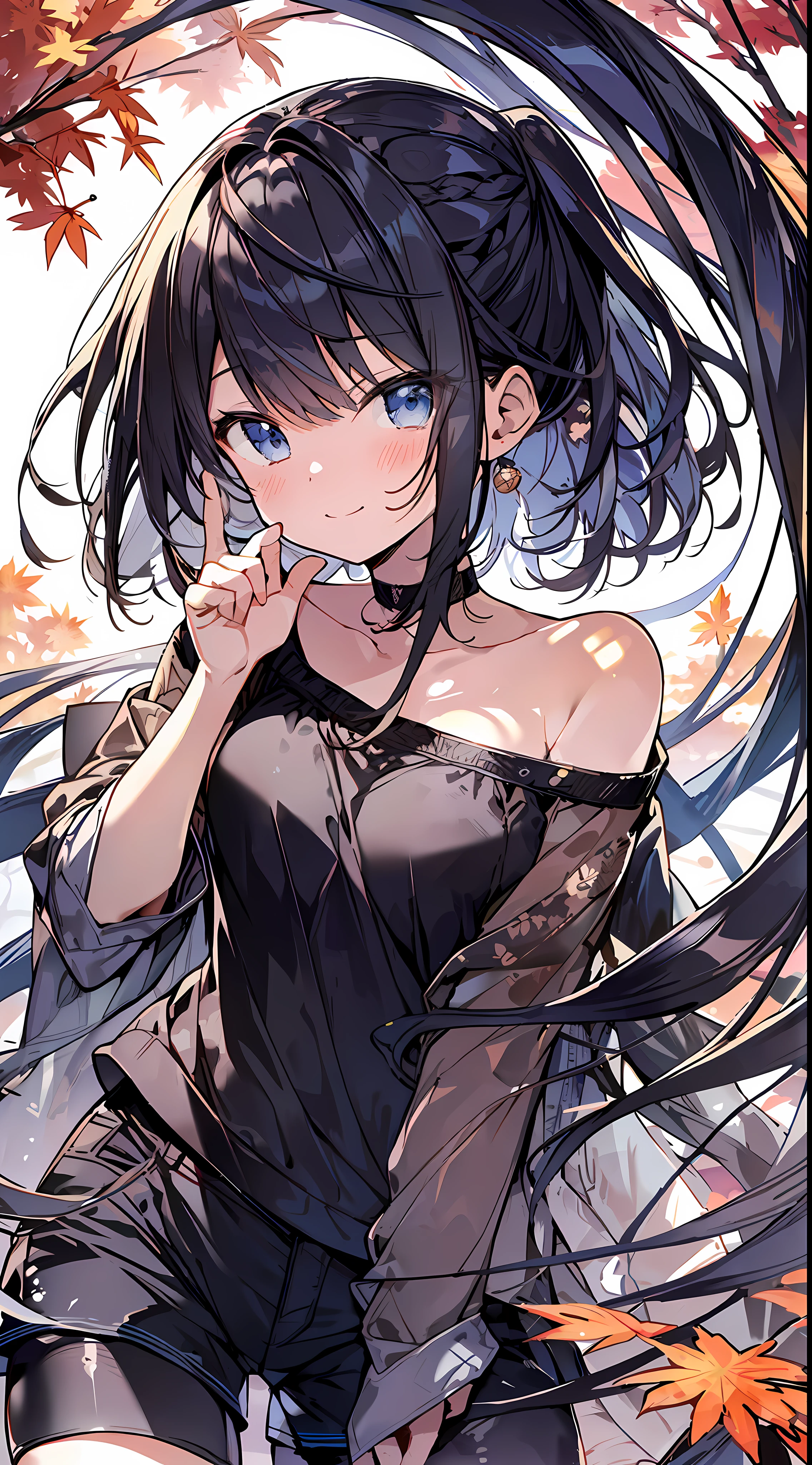 Top quality, masterpiece, ultra high resolution, 8k, (((autumn clothes, shirts, shorts)), shoujo manga style , one, soft line drawing, digital enhancement, shojo manga touch, shojo manga core, flowing fabric, close-up, (hair length to shoulders and short braids)), staring at us from the front, soft drawing, beautiful black hair, clear eyes, teasing smile, Ultra-detailed digital anime art, clear face depiction, ultra-detailed shoujo manga character art, ultra-detailed manga style, top quality colors, hand gestures, angle to see up to the feet, landscape with nature