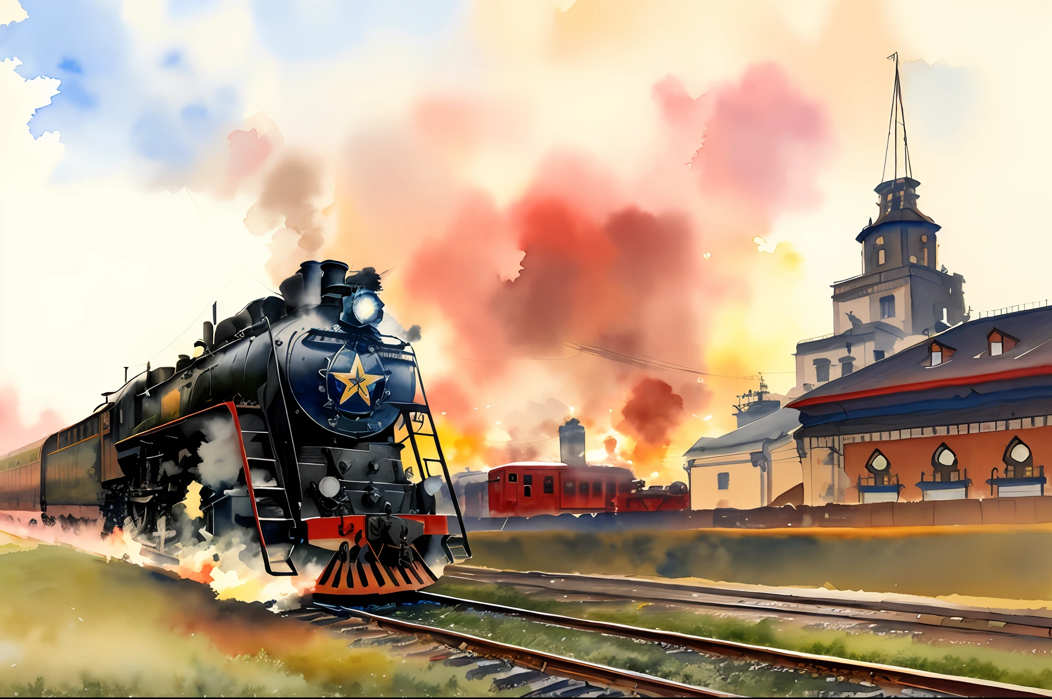 (watercolor \(medium\), drawing, IrisCompiet:1.2), painting black Russian steam locomotive Ordzhonikidze rides along the tracks, with a red star, landscape, sfw, railway, against the background of the station, against the background of the building, a lot of steam, smoke