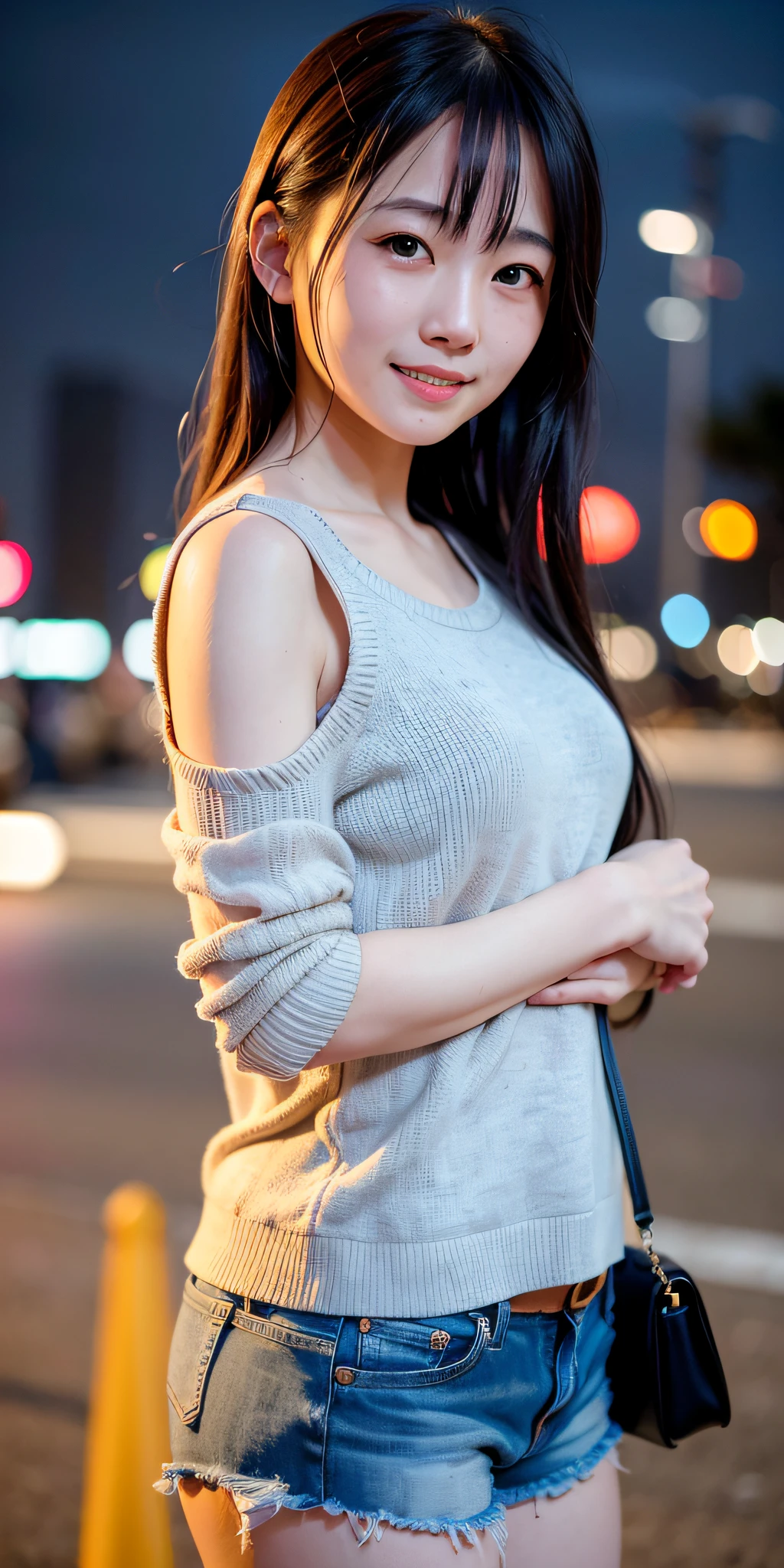 1girl, Tokyo street,night, cityscape,city lights,upper body,close-up,smile,, (8k, RAW photo, best quality, masterpiece:1.2),(realistic, photo-realistic:1.37),