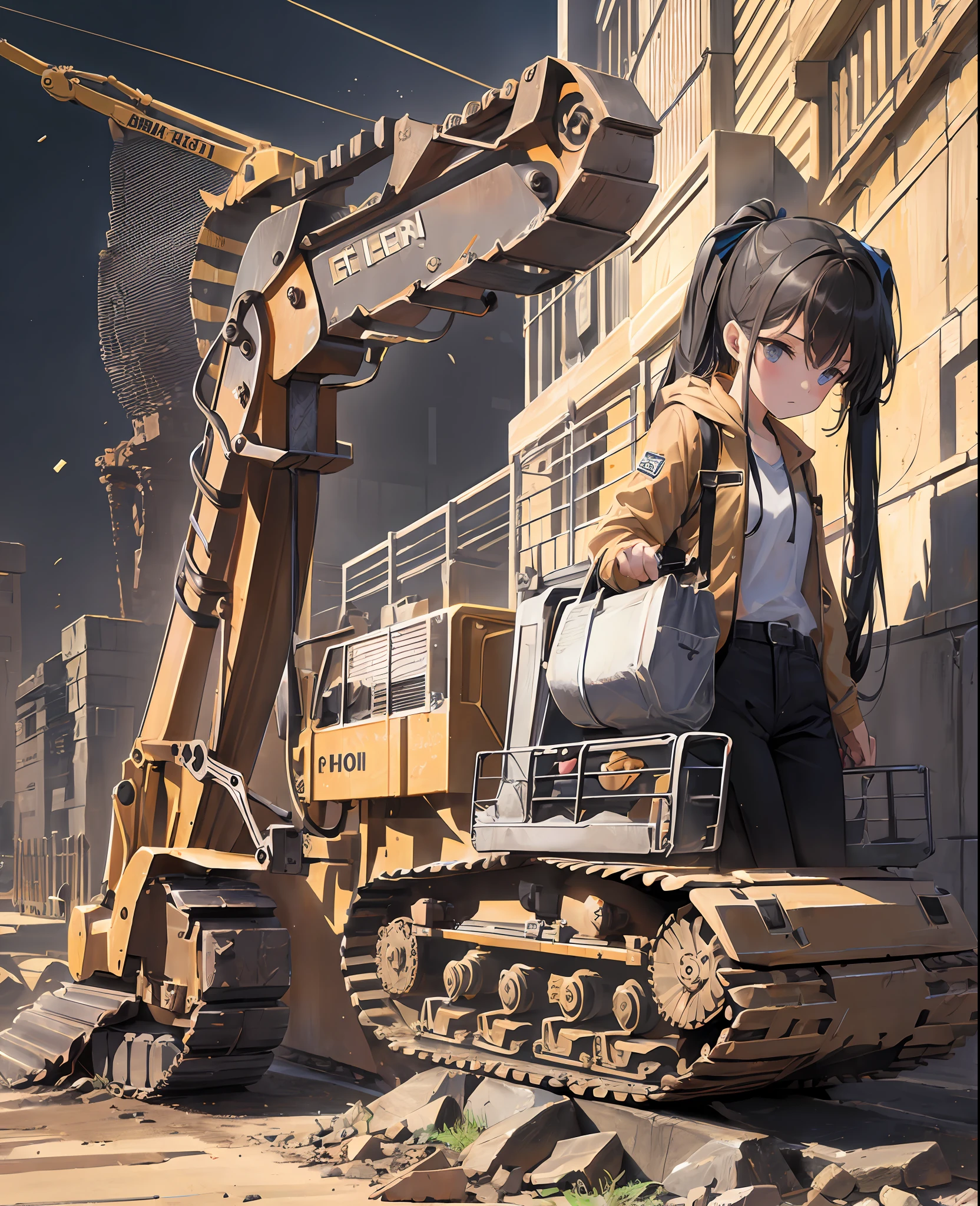 (((Combined with excavator))),Girl, pretty face, construction, heavy equipment, masterpiece, detailed picture, cute, 16 years old