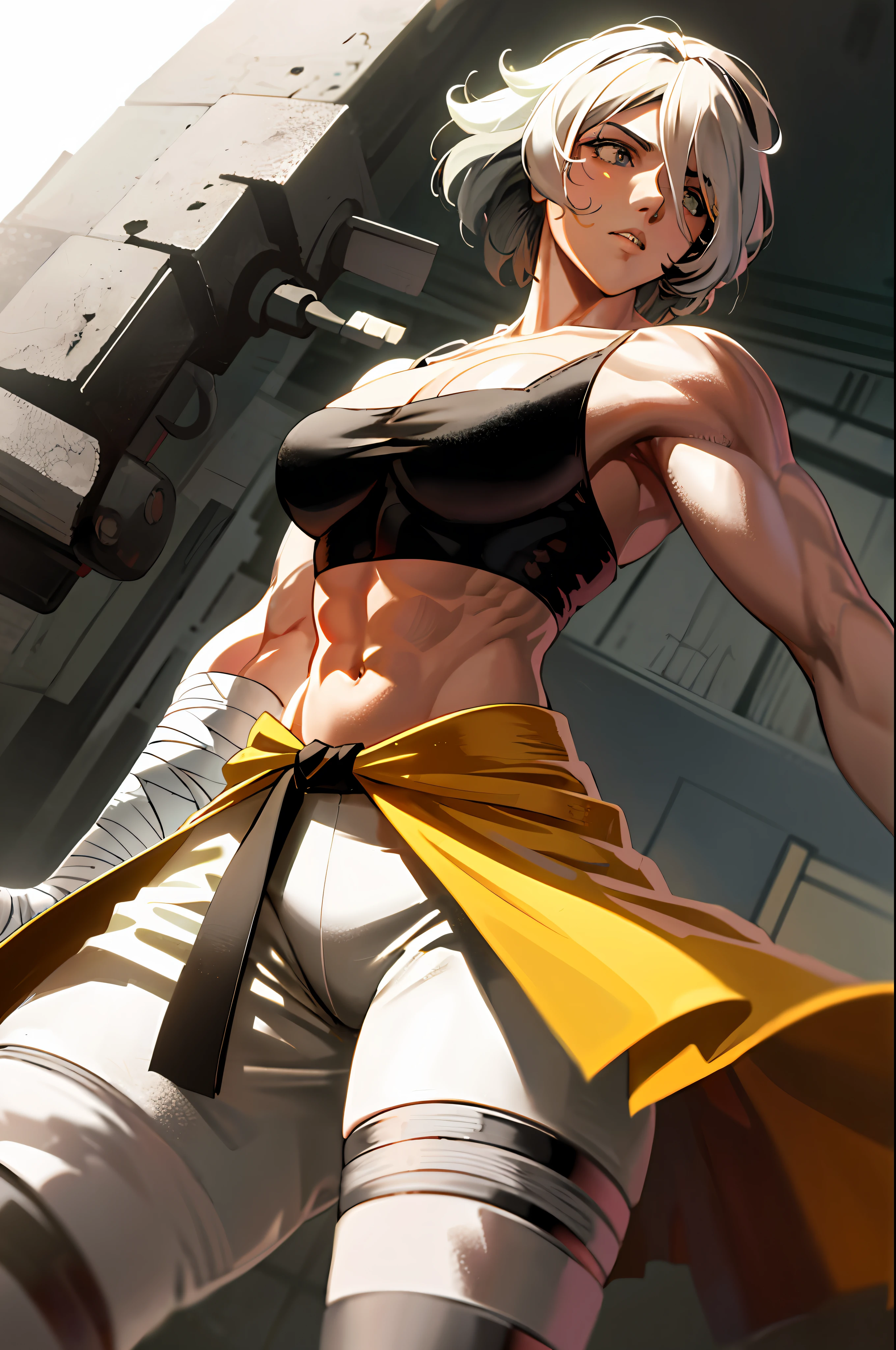 Daidouji, long yellow blonde hair, muscular, messy hair, mole under left eye, red eyes, standing up,
Dattire, sombrero, sarashi white breast, bandeau, bandages, sarashi, underboob, arm bandages, black trousers, geta
(insanely detailed, beautiful detailed face, masterpiece, best quality) volumetric lighting, tone mapping, (looking disgusted)