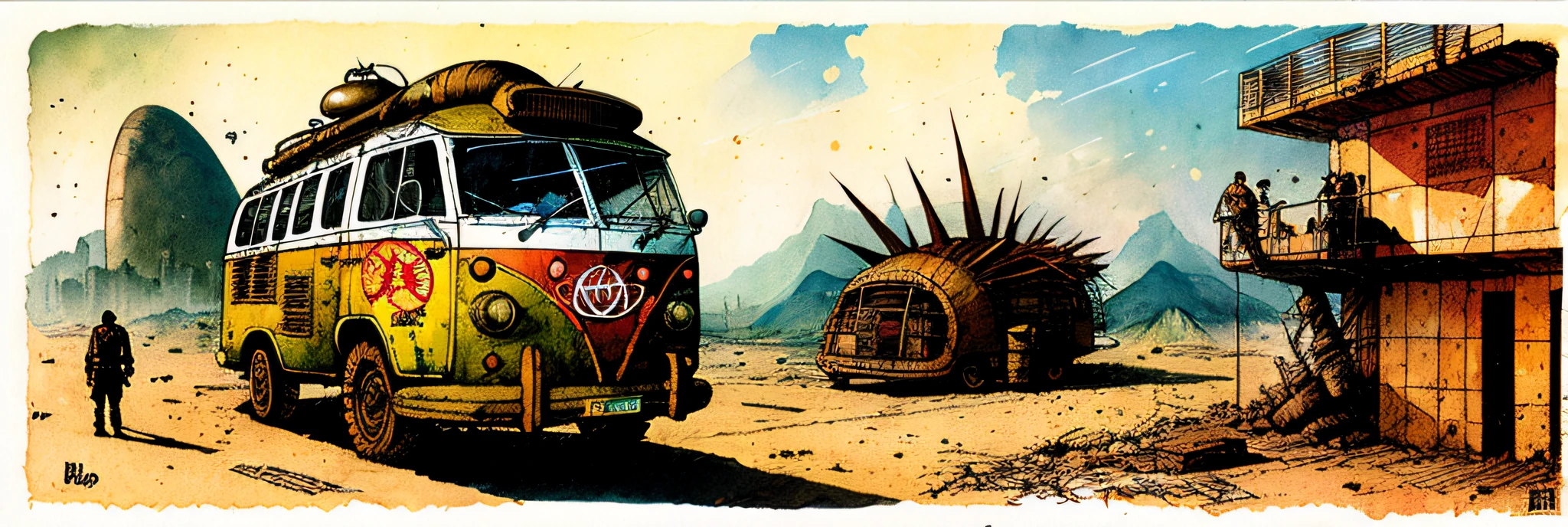 rio de janeiro, kombi, science fiction, complex scene futuristic, post-apocalyptic
dark, dim light, dark-scene, brown-scale
( ink sketch by Enki Bilal)((masterpiece, best quality, )),