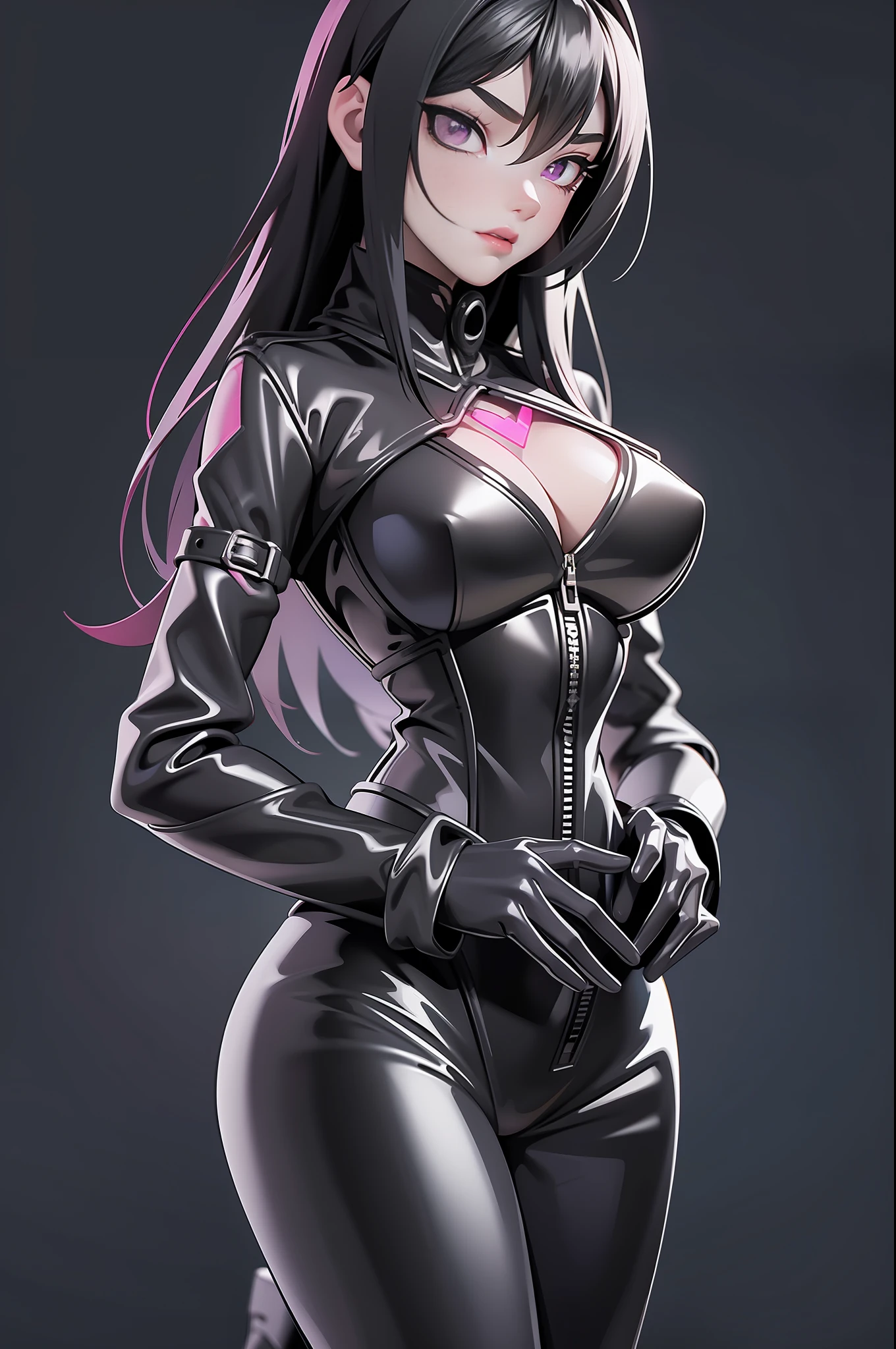 picture Unreal Engine 5 8K UHD of beautiful girl, black hair, wearing tight latex catsuit with gothic black short dress outwear, body harness, corset, magenta eyes, dark makeup, seductive moods, best quality, masterpiece