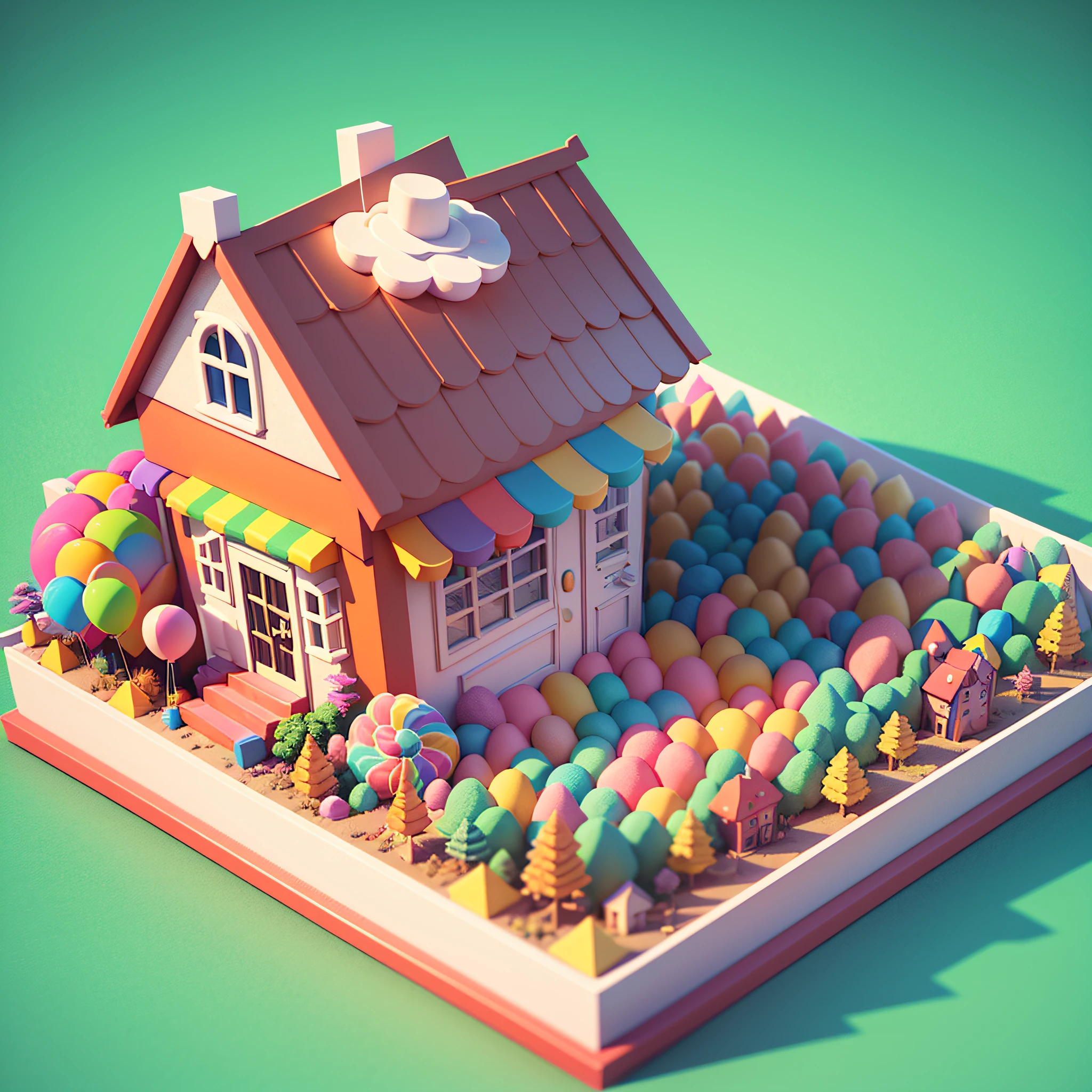 isometric house, (top-down 45-degree perspective), cartoon, candy house, colorful balloons, cute building, huge candy-like signboard, amusement park, blank background, clear structure, correct light and shadow, 3D rendering --auto --s2