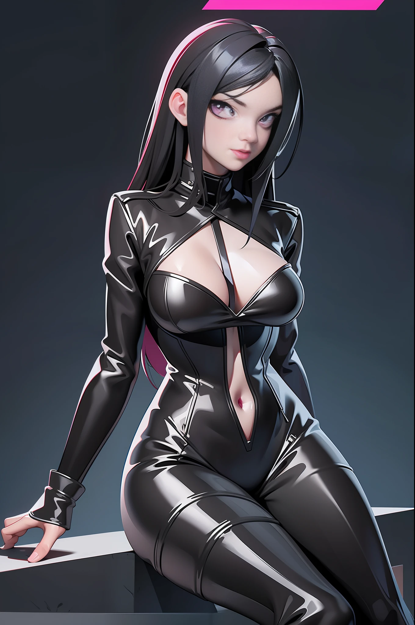 picture Unreal Engine 5 8K UHD of beautiful girl, black hair, wearing tight latex catsuit with gothic black short dress outwear, body harness, corset, magenta eyes, dark makeup, seductive moods, best quality, masterpiece