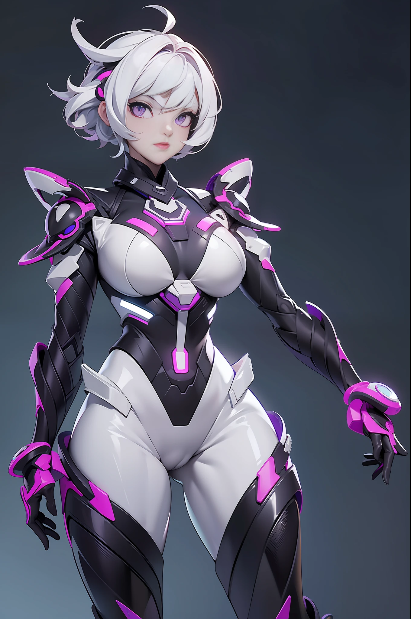 full body picture Unreal Engine 5 8K UHD of a beautiful adult girl, short white hair, wearing futuristic black tight battle suit, futuristic tight mask, futuristic neck collar, purple light details, evil face, best quality, masterpiece