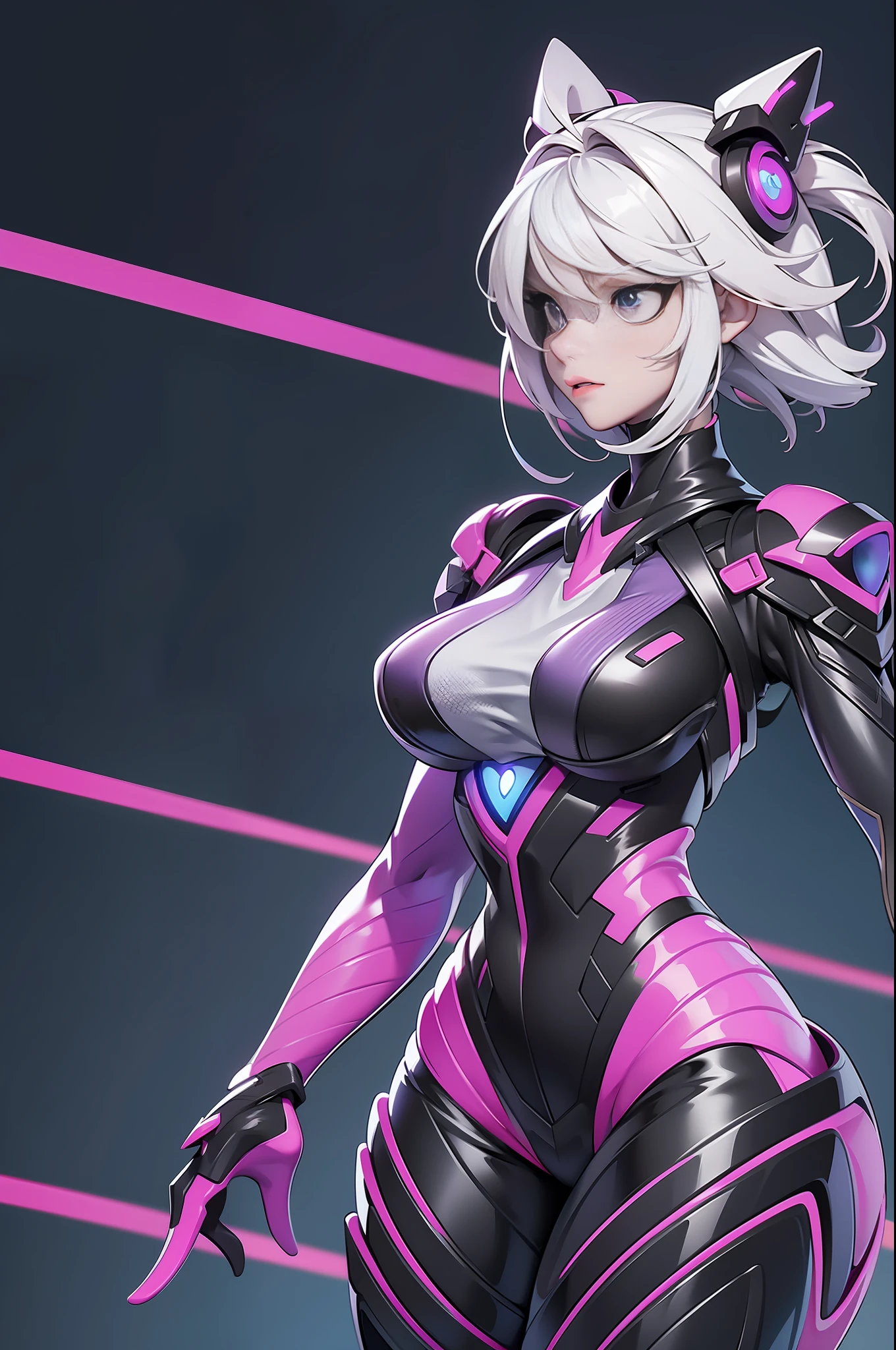 full body picture Unreal Engine 5 8K UHD of a beautiful adult girl, short white hair, wearing futuristic black tight battle suit, futuristic tight mask, futuristic neck collar, purple light details, evil face, best quality, masterpiece
