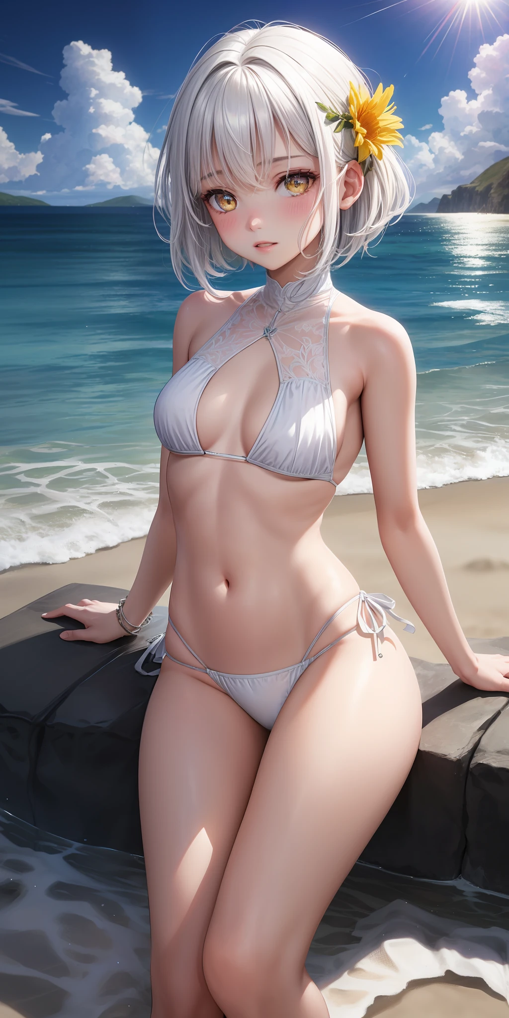 Real, One Girl, White Hair,Navel One, Yellow Eyes, Glowing Eyes, Simple Background,Fantastic,Annular Solar Eclipse, Beach,Water, Lying Down, Wonderful, Hairstyle is Short-Cut, Impossibly Large, Angled from Below, Small Micro Bikini, , Silver T-Back, Swimsuit Is Yellow, Back, Protruding Buttocks, Parted Lips, Blush, Rough Breath, Flower, Sun, Sunlight, {{{Masterpiece}}},
{{{{{Official Art}}}}},
{{{high quality}}},
{{{highest quality}}},
{{{{8k_wallpaper}}}},
{{{{Very detailed eyes}}}},
{{{{{Very detailed body}}}},
{{{Very detailed finger}}}