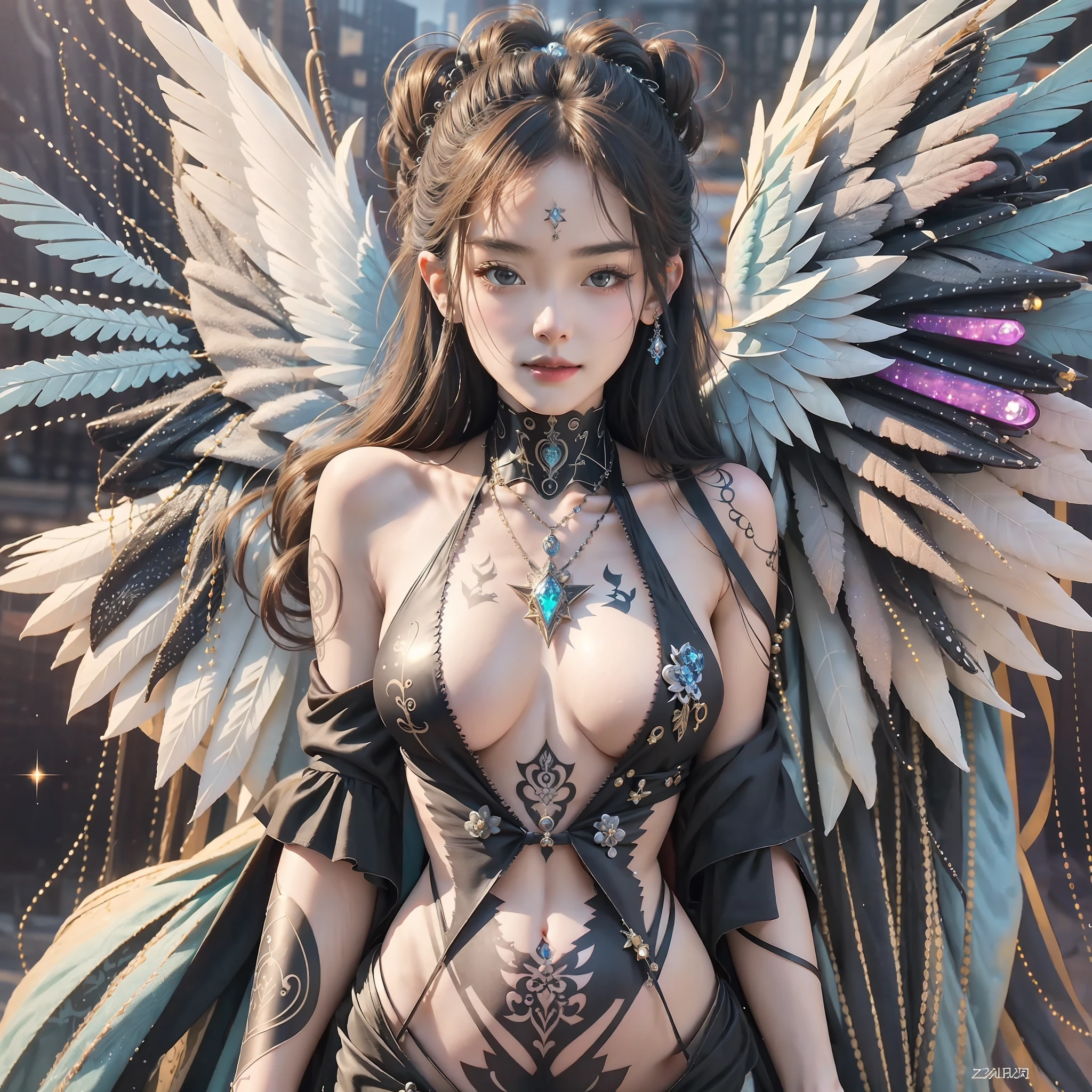 Fantastic girl on tarot card, exquisite transparency, angel wings, sparkling universe, cyberpunk, full body, cute, sexy, very extreme and detailed details, charming beautiful face, sparkly jewelry piercing, without breaking limbs, clean fingers, zentangle tattoo