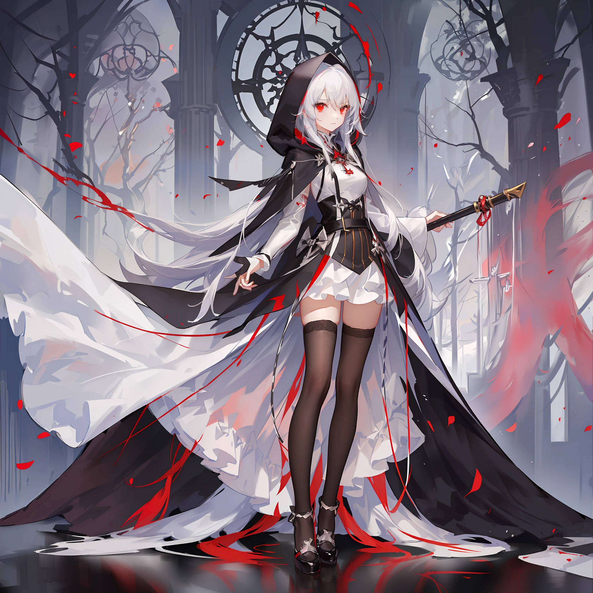 Maiden, white stockings, round red thread striped road black robe, hood, cape, red eyes, long white hair, faint smile, standing posture, full body, mage, holy girl