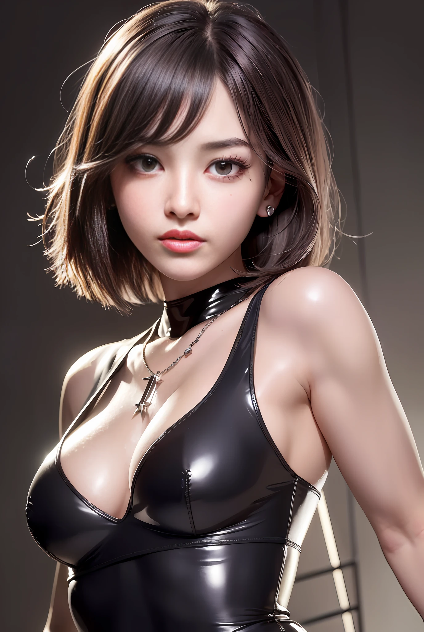 ((Top Quality, 8K, Masterpiece, Sharp Focus, 35mm Lens, f/0.8, Amazingly Beautiful Perfect Figure: 1.4)), Under Lighting, ((Natural Medium Chest)), (White Tank Top: 1.2), (Market Background: 1.2), Fish Hook Necklace, Highly Detailed Face and Skin Texture: 1.2, Detailed Black Eyes: 1.2, Ultra Detailed Skin, Shiny Skin: 1.2, grin, Beautiful detailed makeup: 1.2, high-fidelity bangs, light brown medium cut random hairstyle, from below, looking at the viewer, inverted triangle face, wearing a black bodysuit, wearing black latex, black clothes close to the skin, glasses --auto --s2