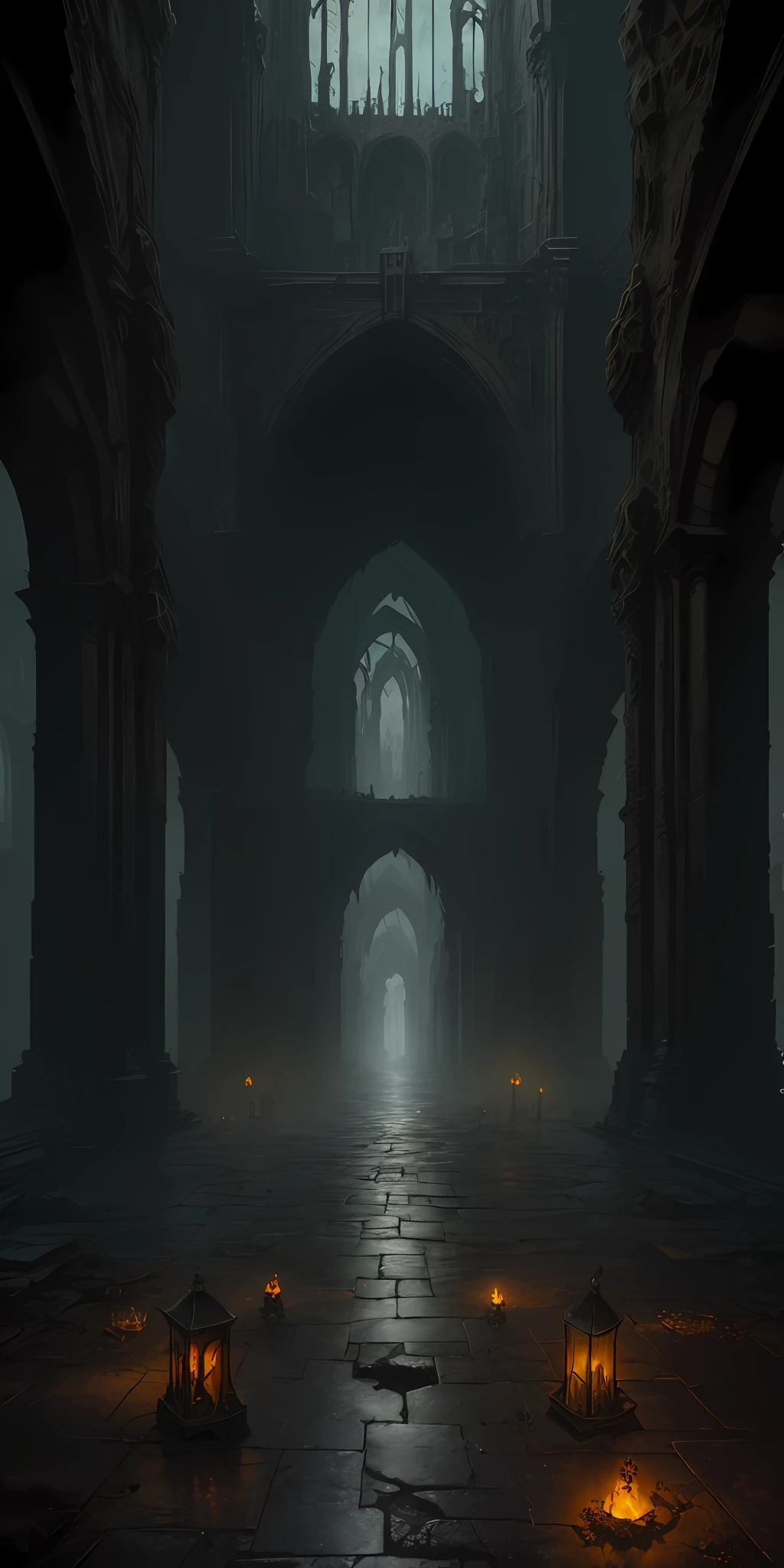 (masterpiece), ancient dark dungeon, (vast decrepit scenery), megastructure, (art by [Bastien Lecouffe-Deharme|Caspar David Friedrich]:1.2), (unreal engine render, photorealistic painting, photorealism:1.2), (mysterious)