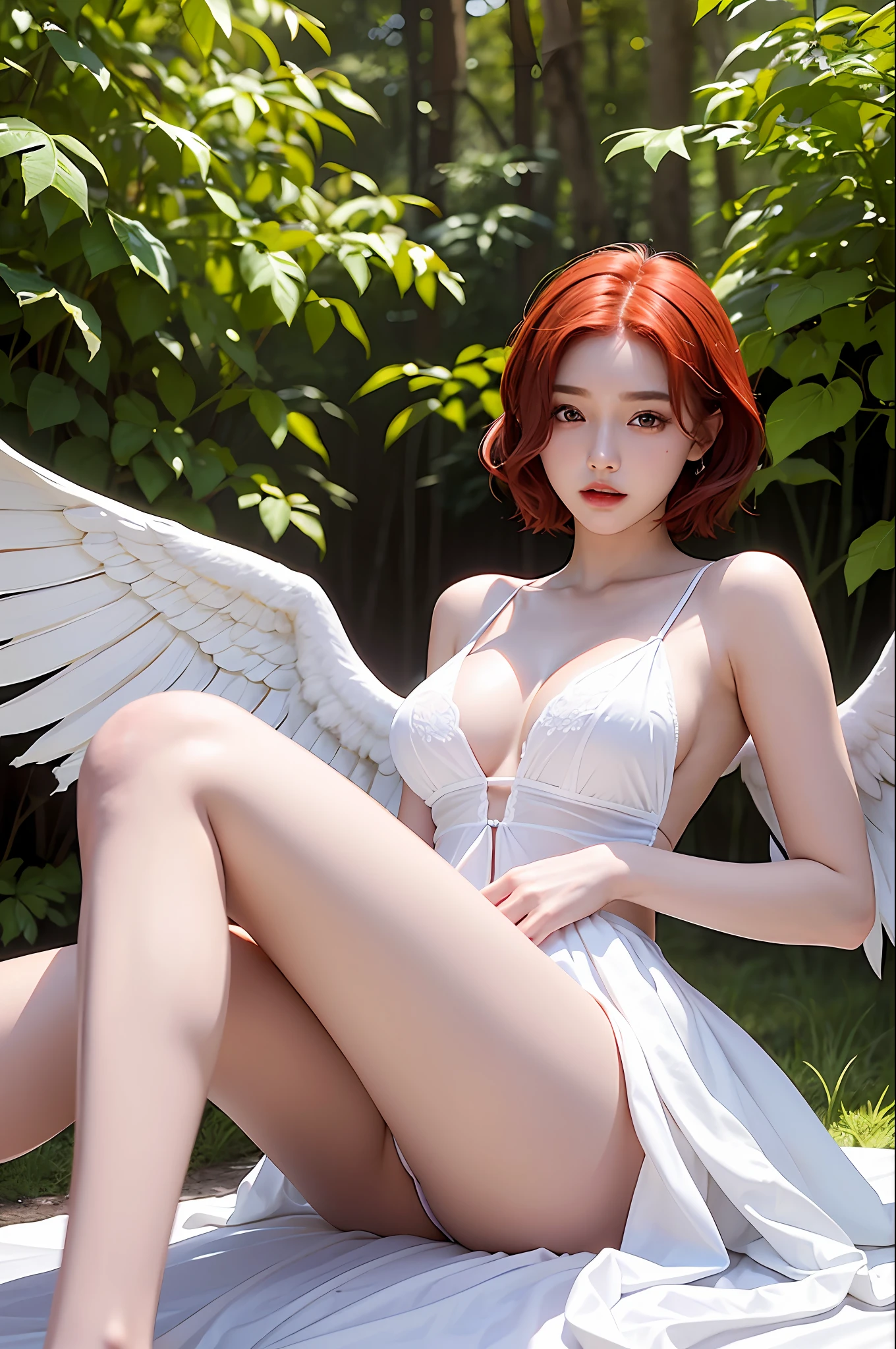 Realistic, High resolution, best quality, delicate complexion, 1 girl, 18 years old, red hair, short hair, Korean, Chinese style, white eyes, double eyelids, big breasts, white slip dress, thin thighs, pair of white angel wings