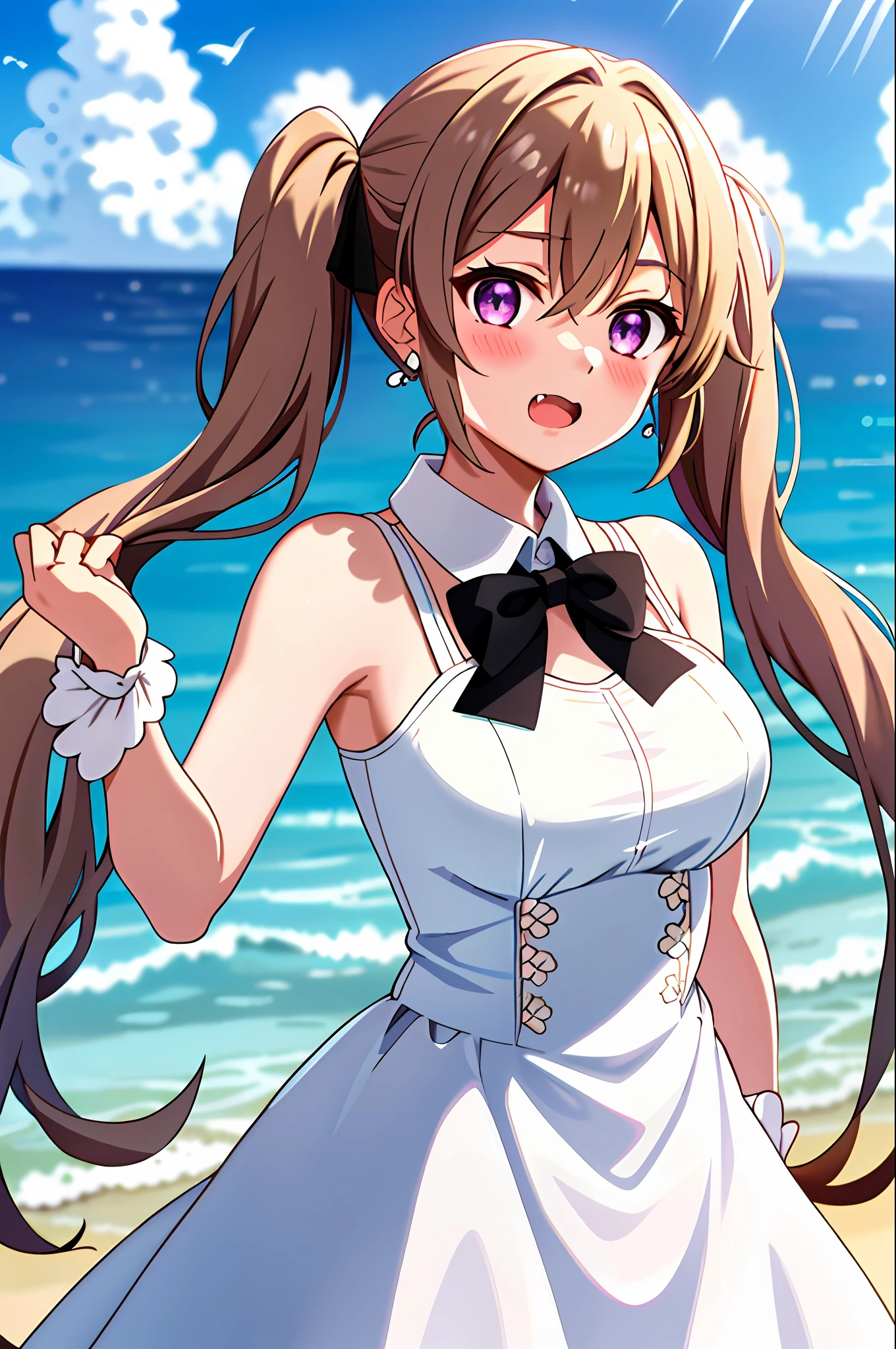 1girl, clamperl, shell necklace,shell,shell earrings, purple eyes, blush, long hair, twintails,brown hair, see-through,  swimsuit under clothes, wedding dress,   dress,  hair between eyes,  open mouth, low twintails, very long hair,  breasts,blonde hair, {{{ocean}}}, solo focus, bangs, hair between eyes,black bow, open mouth, low twintails,fang, bowtie, cheek pinching, lace, cross-laced clothes ,  rainbow, seagulls,  cloudy sky,  sea spray, dolphin,  island,  glitter,  eye glitter,  upper body,