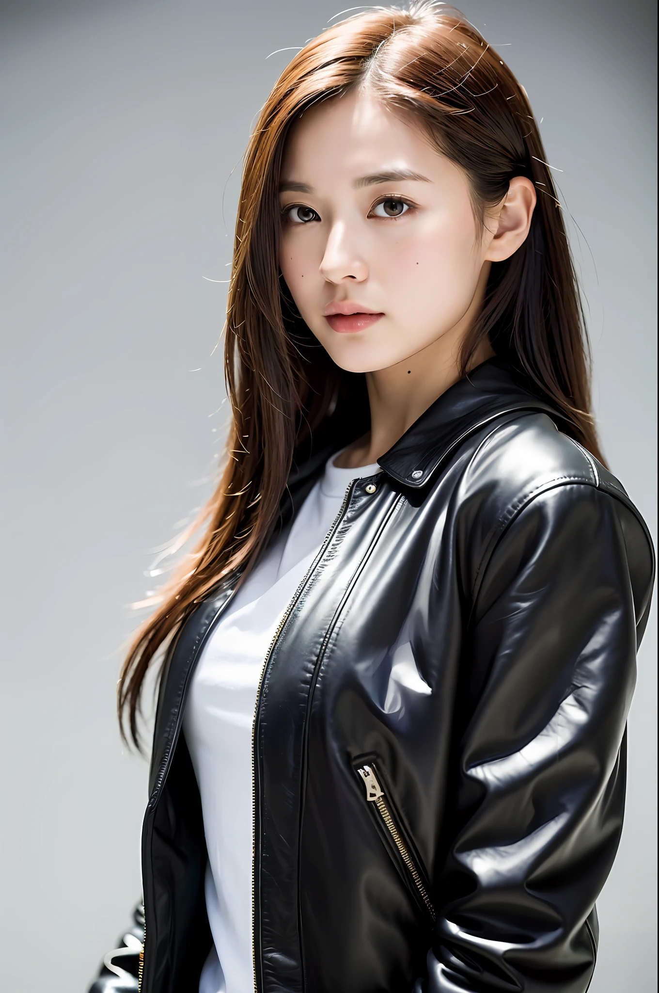 ((8k:1.27), highest quality, masterpiece, super high definition: 1.2) Cute Japan Woman Pictures (Beautiful: 1.1) (Sci-Fi Warrior Women: 1.1) Space Soldier, (Lewis Leather Jacket: 1.21) Intricate and elegant, fantasy, detail, geometric patterns by Greg Rutkowski and Alphonse Mucha, gradient lighting