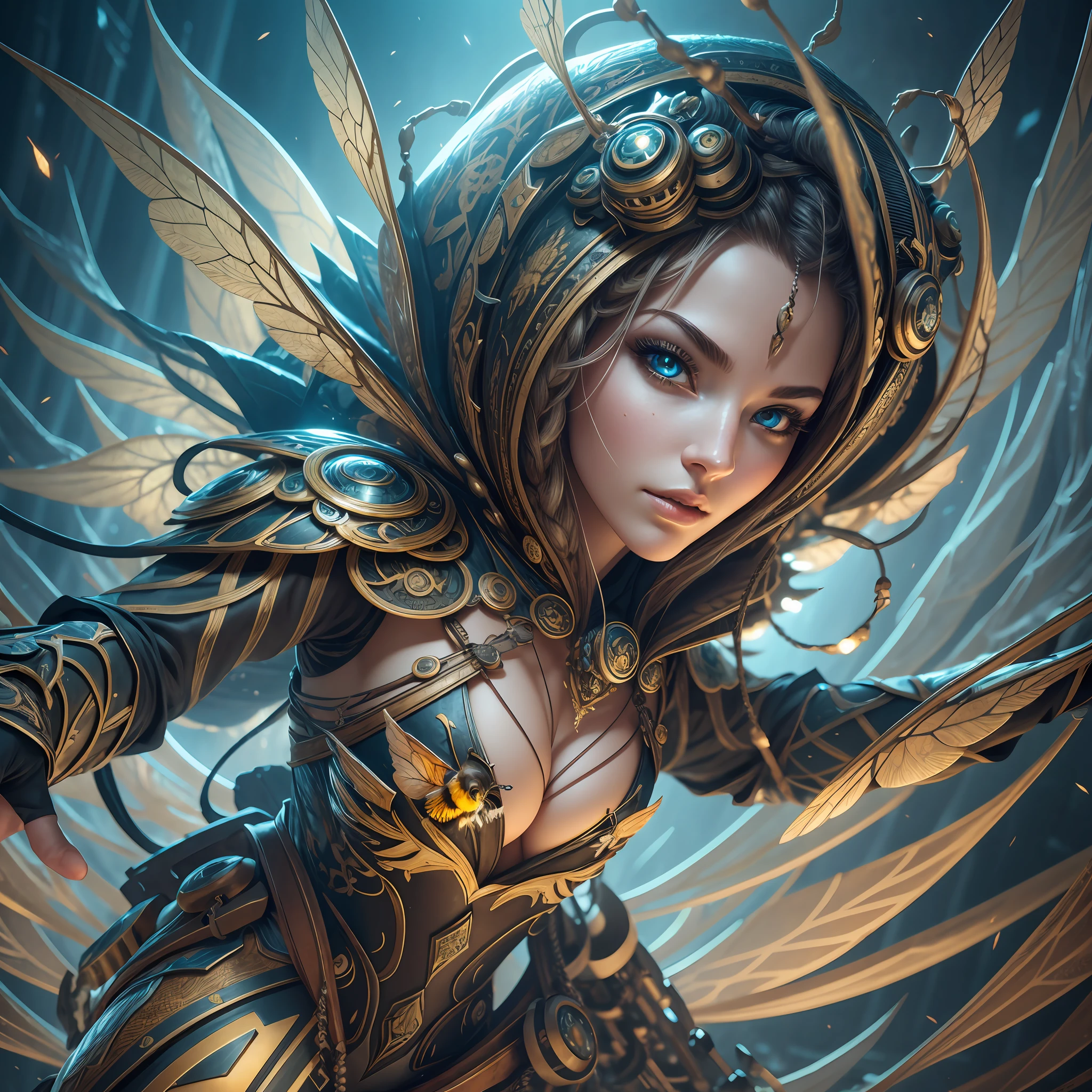 ultra wide angle, focus, dark modern background, beautiful realistic, dynamic pose, hyper details, lighting art, cinematic, insane details, hyperdetailed, fractal, heroic bee costume, marinet