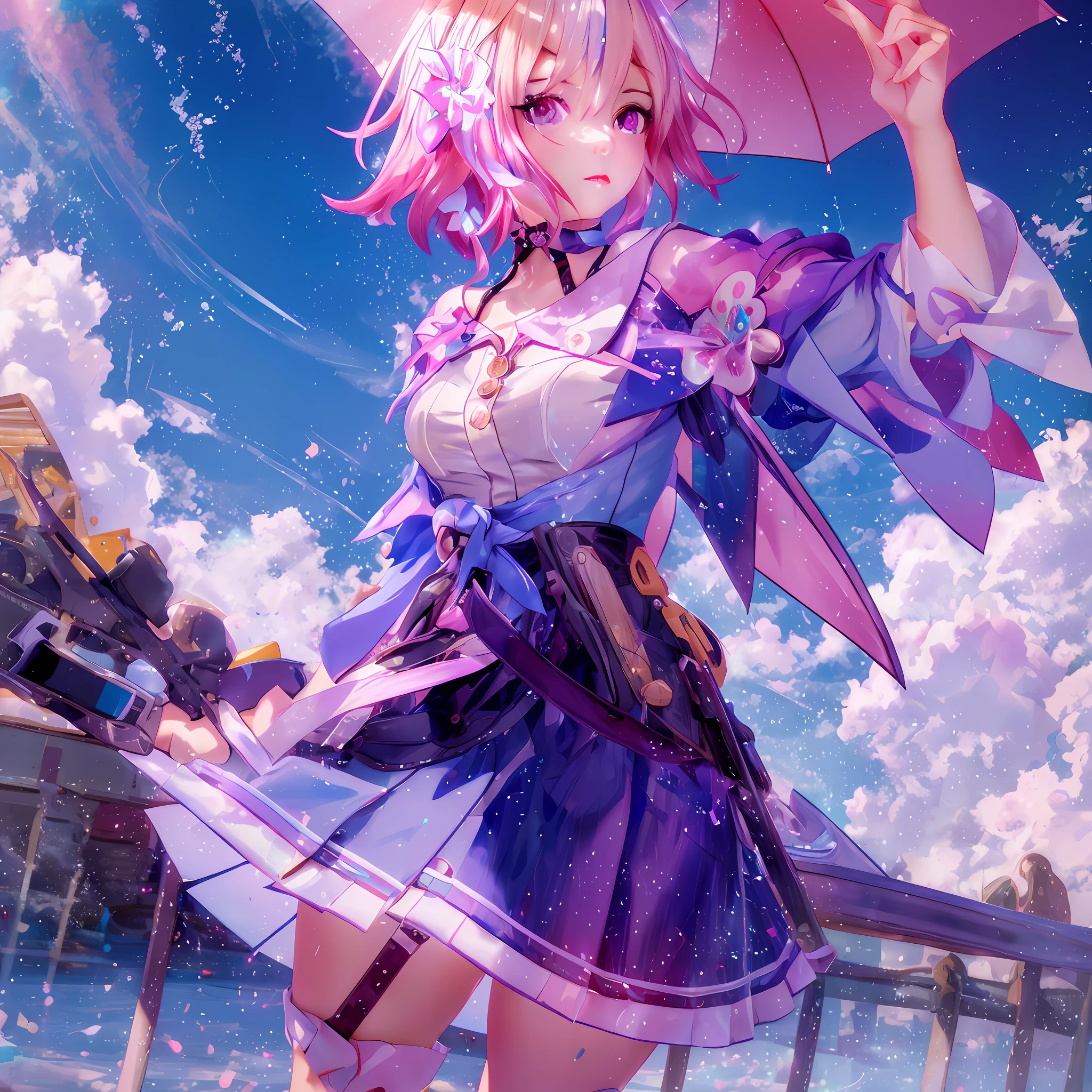 anime girl with pink hair and blue dress holding an umbrella, cushart krenz key art feminine, best anime 4k konachan wallpaper, guweiz on pixiv artstation, splash art anime , guweiz on artstation pixiv, guweiz, artwork in the style of guweiz, trending on artstation pixiv
